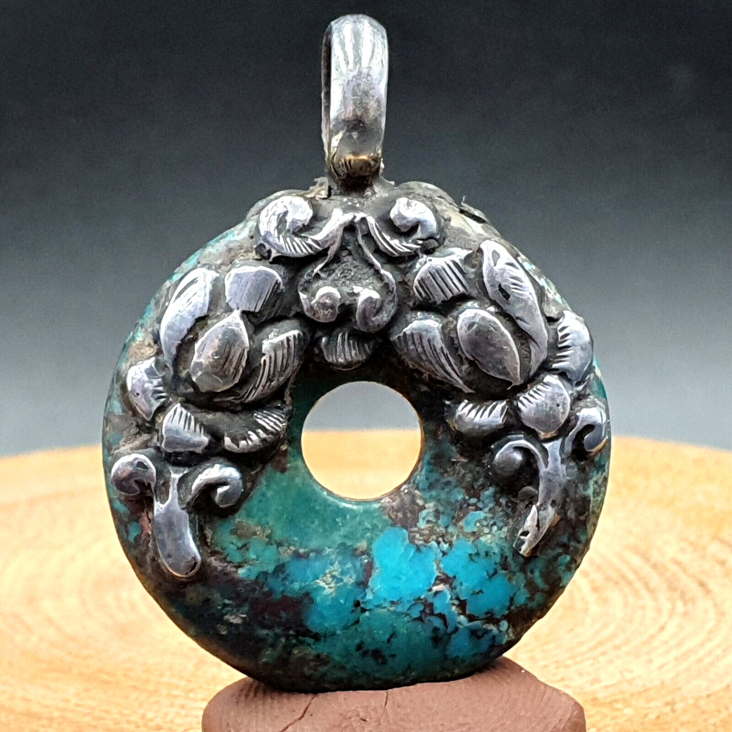 復古古董天然藍色綠松石 925 銀吊墜項鍊