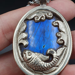 BIG MEN'S VINTAGE Natural Blue Fire Labradorite Mix SILVER Pendant Necklace