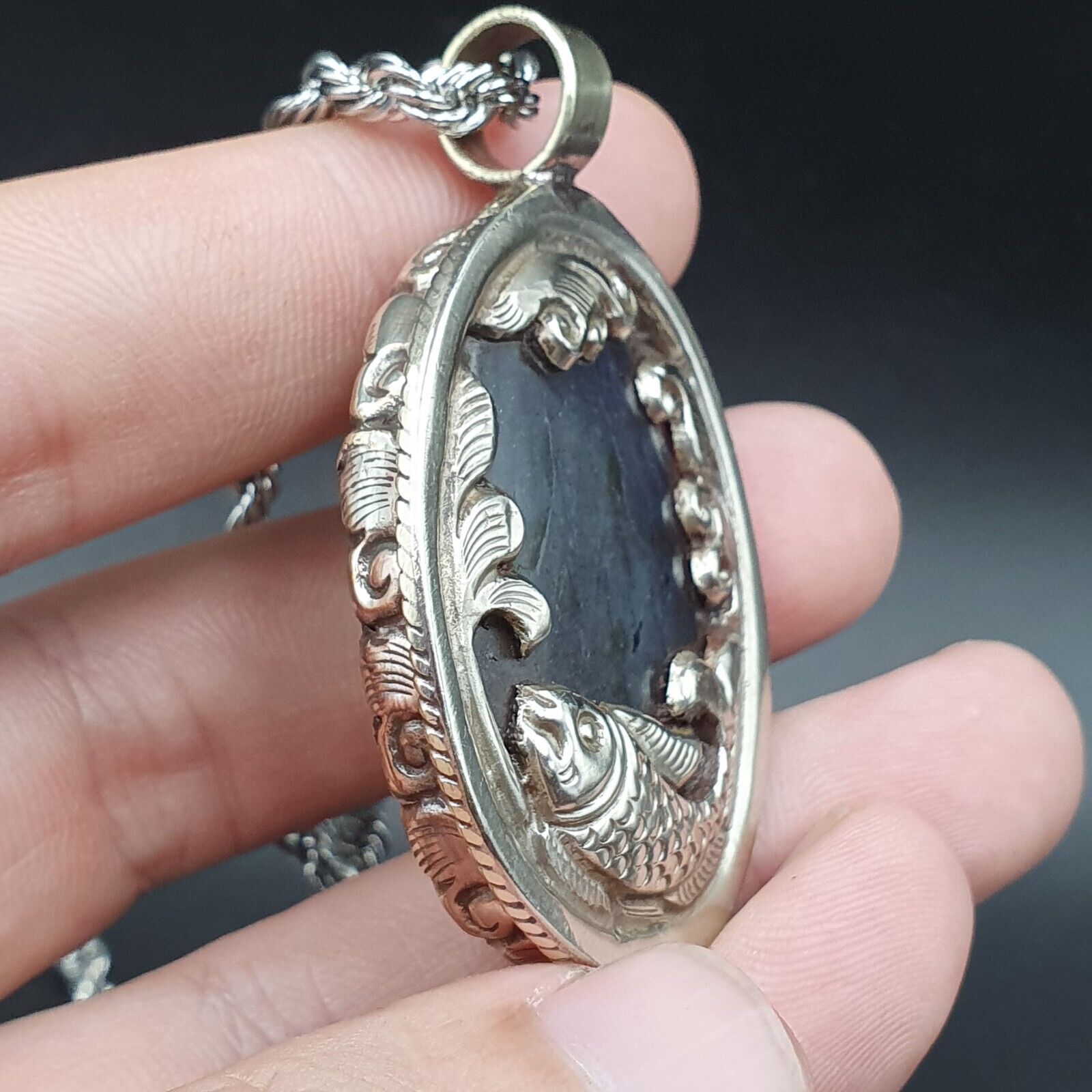 BIG MEN'S VINTAGE Natural Blue Fire Labradorite Mix SILVER Pendant Necklace