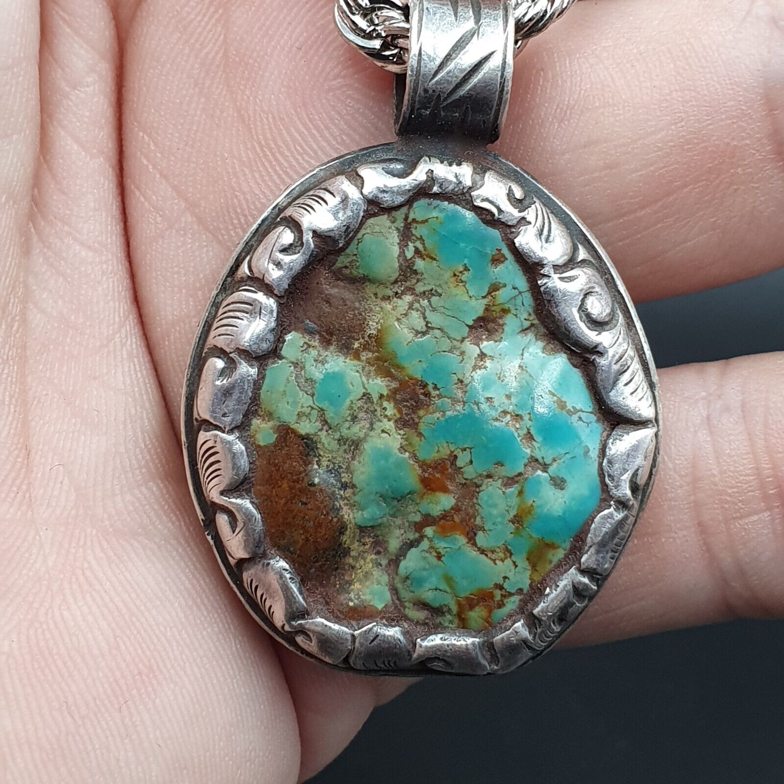 VINTAGE Natural USA Turquoise 925 SILVER Pendant Necklace