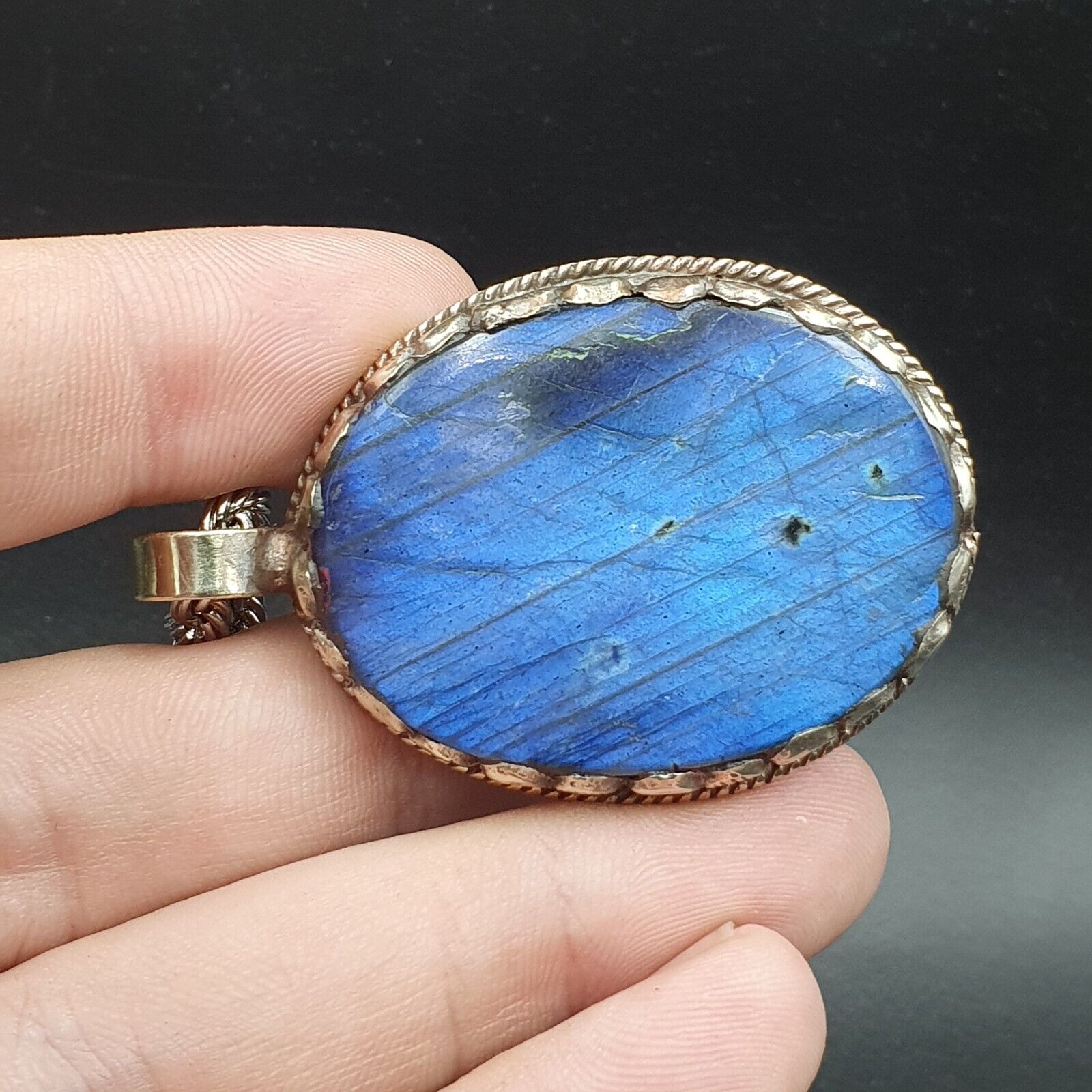 BIG MEN'S VINTAGE Natural Blue Fire Labradorite Mix SILVER Pendant Necklace