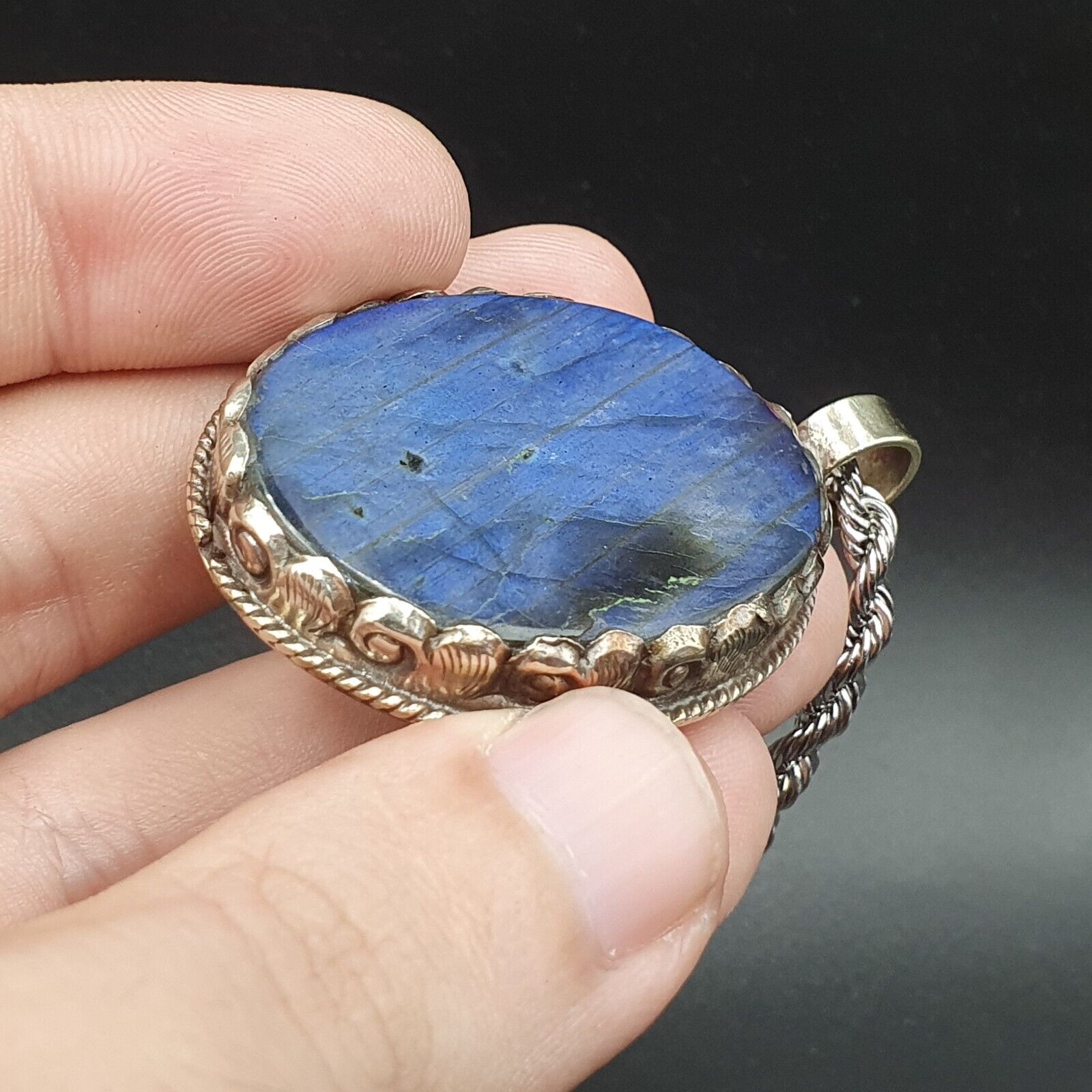 BIG MEN'S VINTAGE Natural Blue Fire Labradorite Mix SILVER Pendant Necklace