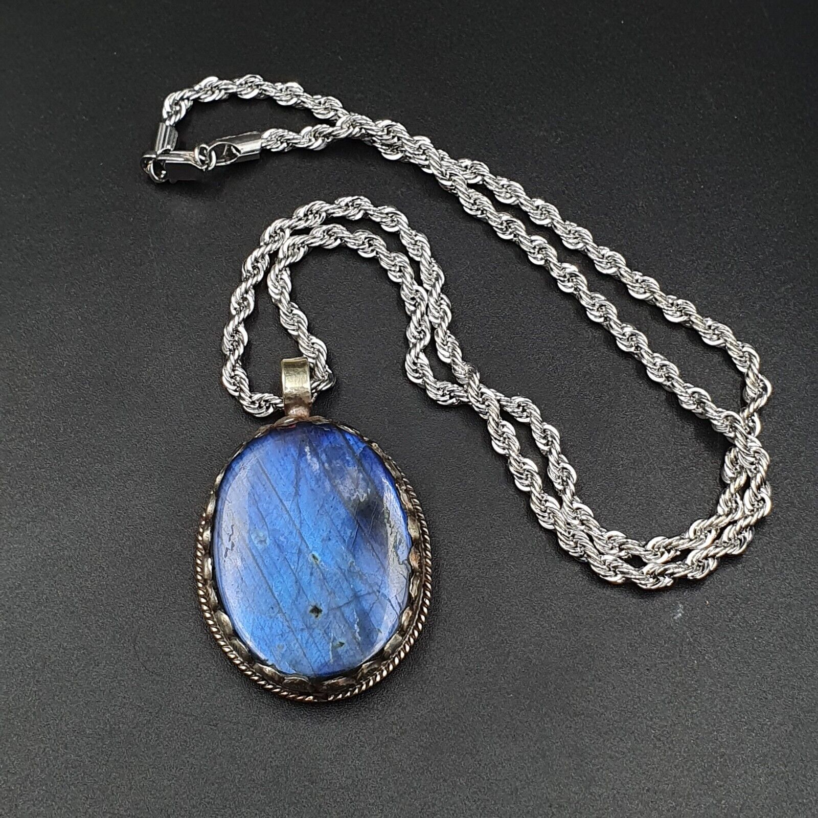 BIG MEN'S VINTAGE Natural Blue Fire Labradorite Mix SILVER Pendant Necklace