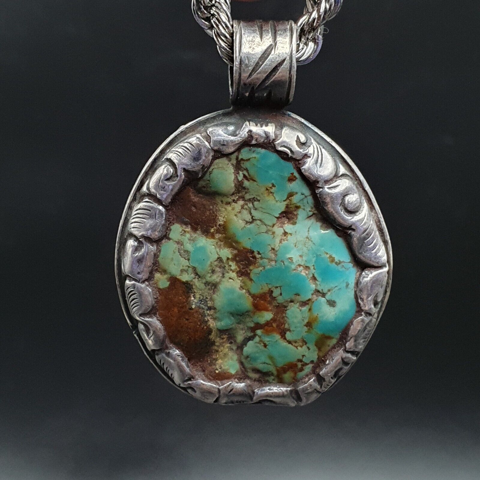 VINTAGE Natural USA Turquoise 925 SILVER Pendant Necklace