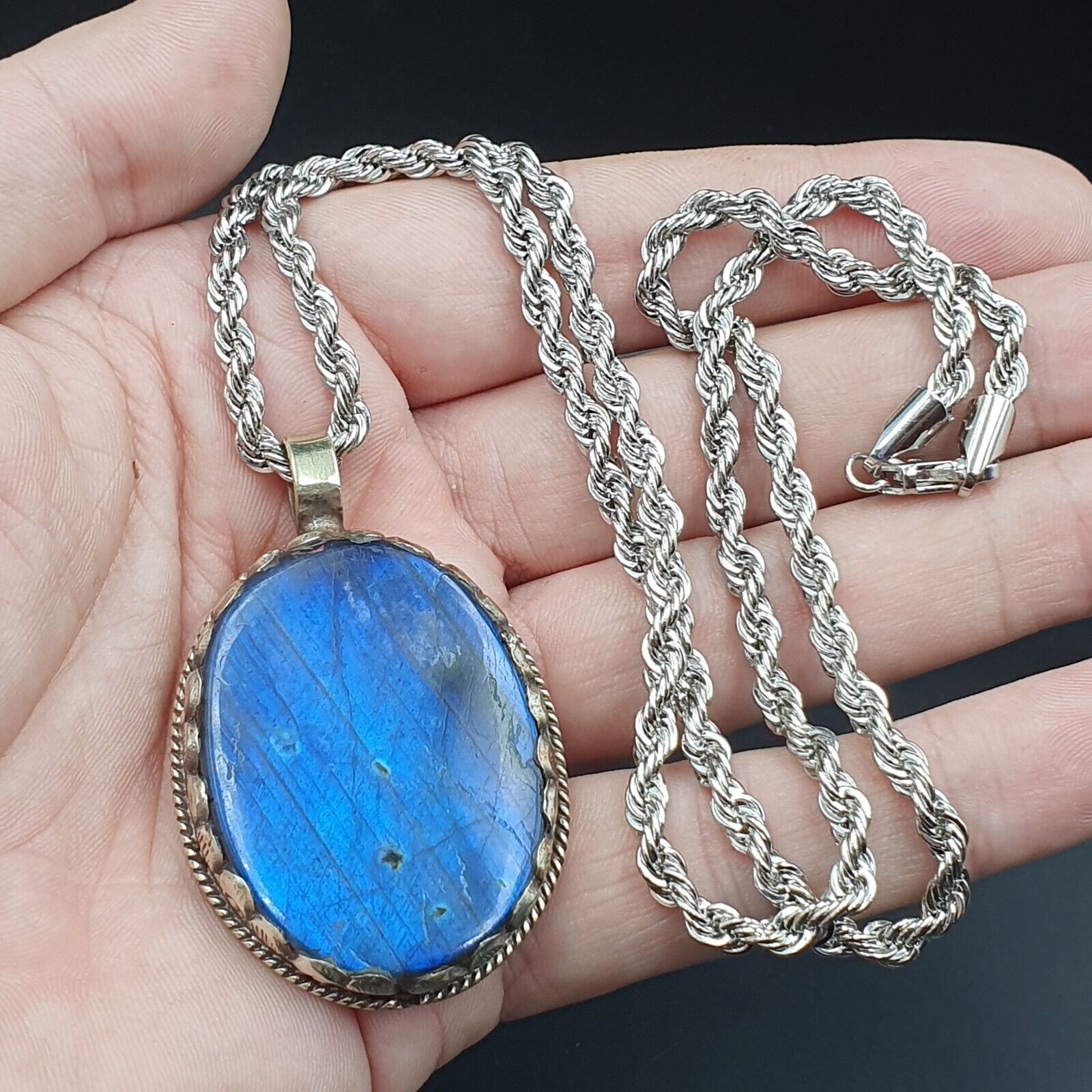 BIG MEN'S VINTAGE Natural Blue Fire Labradorite Mix SILVER Pendant Necklace