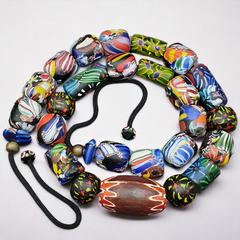 Vintage African Asian mosaic Glass Chevron Beads Long Strand necklace 350 grams