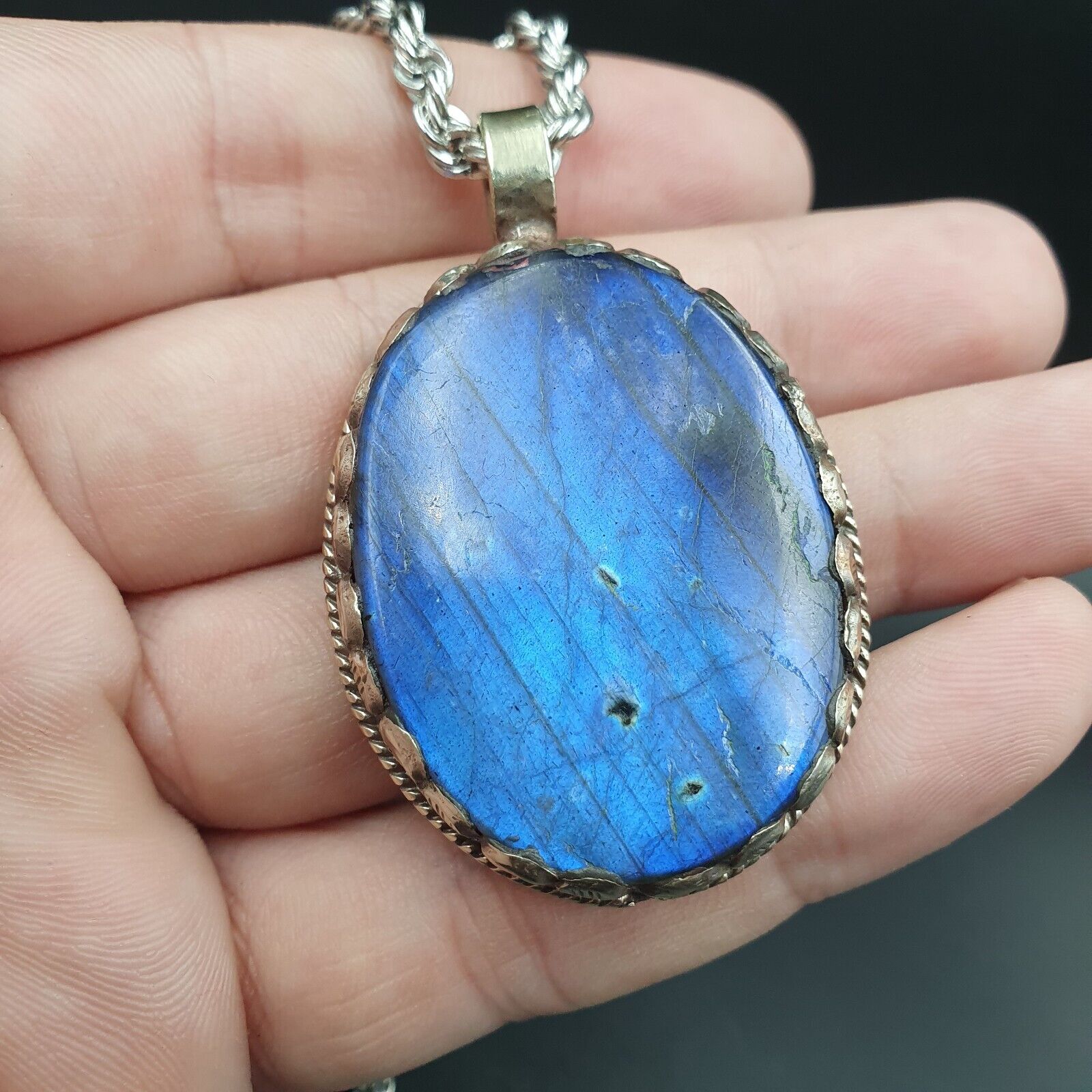 BIG MEN'S VINTAGE Natural Blue Fire Labradorite Mix SILVER Pendant Necklace