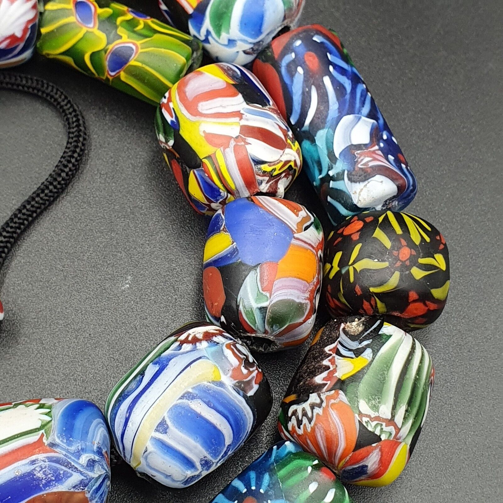 Vintage African Asian mosaic Glass Chevron Beads Long Strand necklace 350 grams