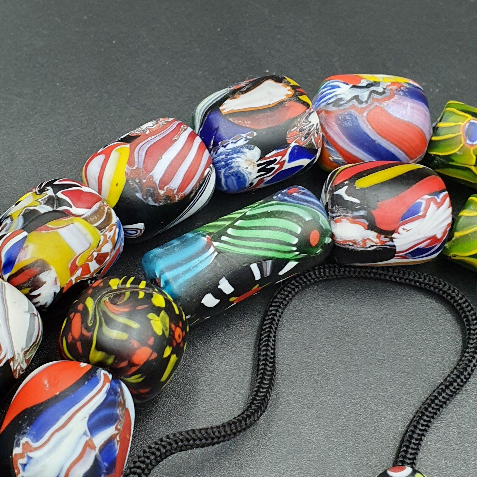 Vintage African Asian mosaic Glass Chevron Beads Long Strand necklace 350 grams