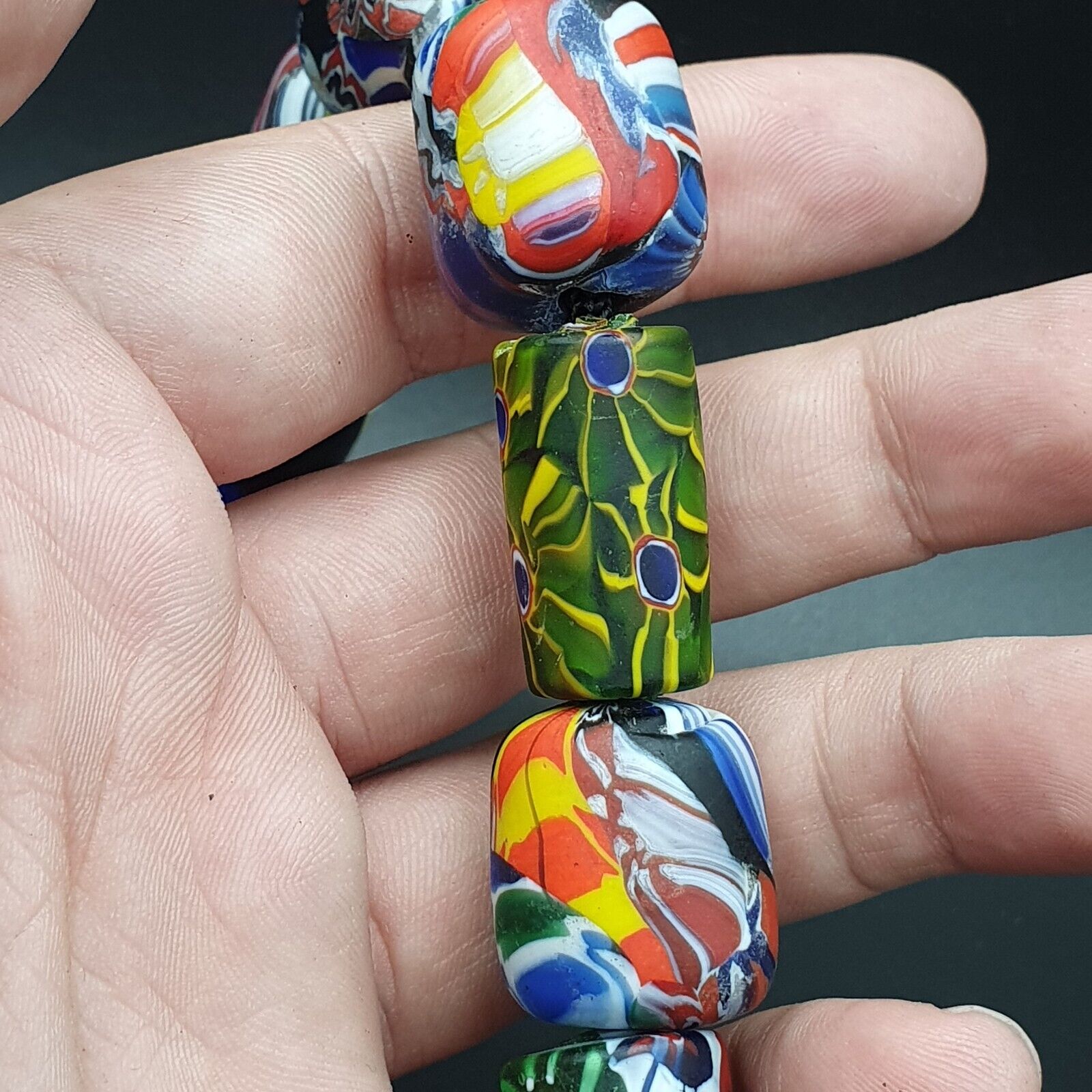 Vintage African Asian mosaic Glass Chevron Beads Long Strand necklace 350 grams