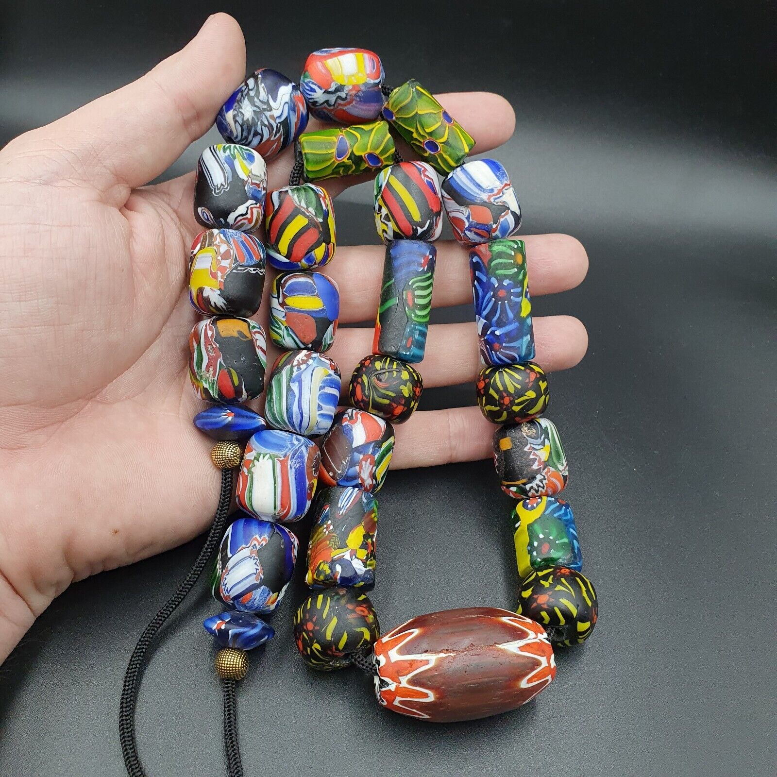 Vintage African Asian mosaic Glass Chevron Beads Long Strand necklace 350 grams
