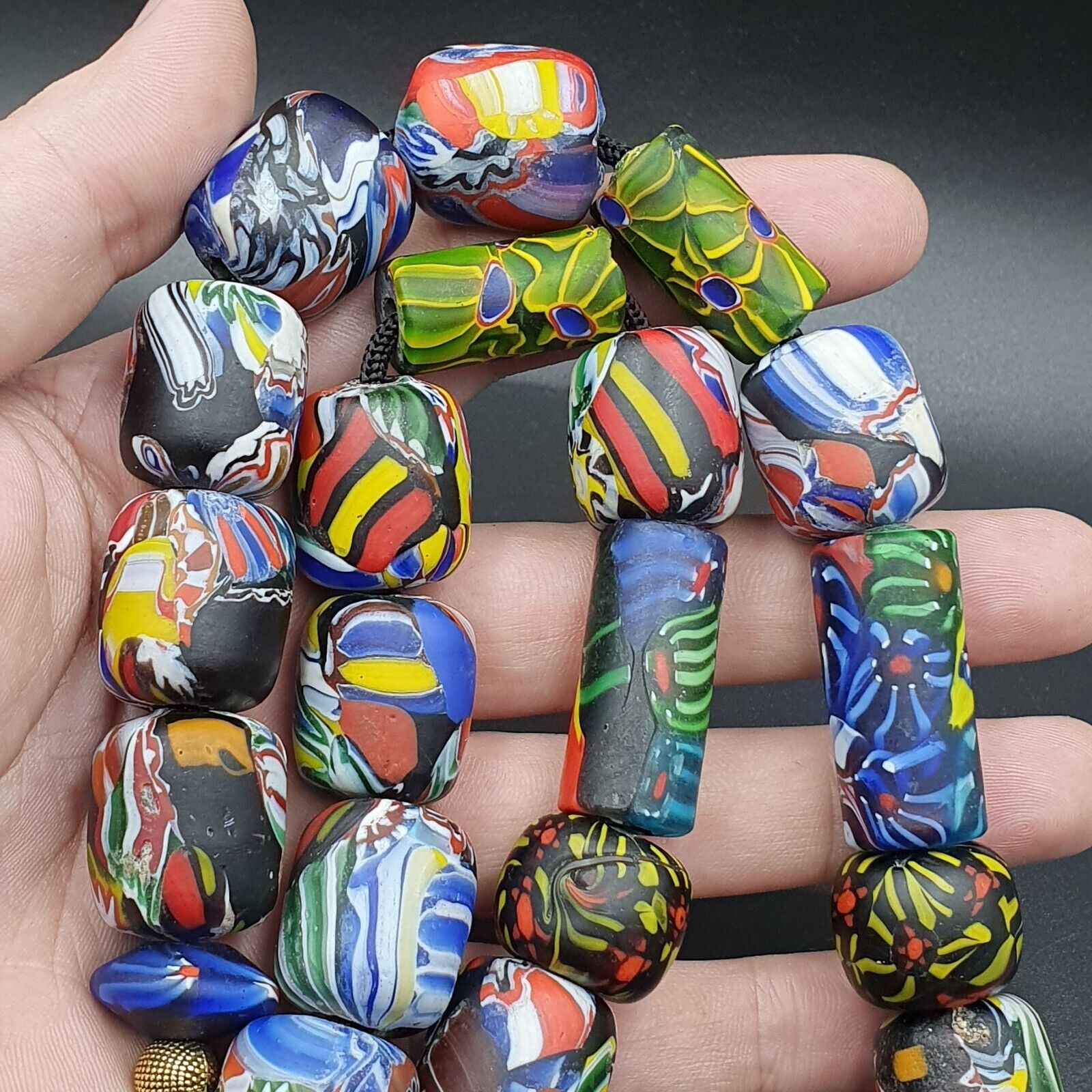 Vintage African Asian mosaic Glass Chevron Beads Long Strand necklace 350 grams
