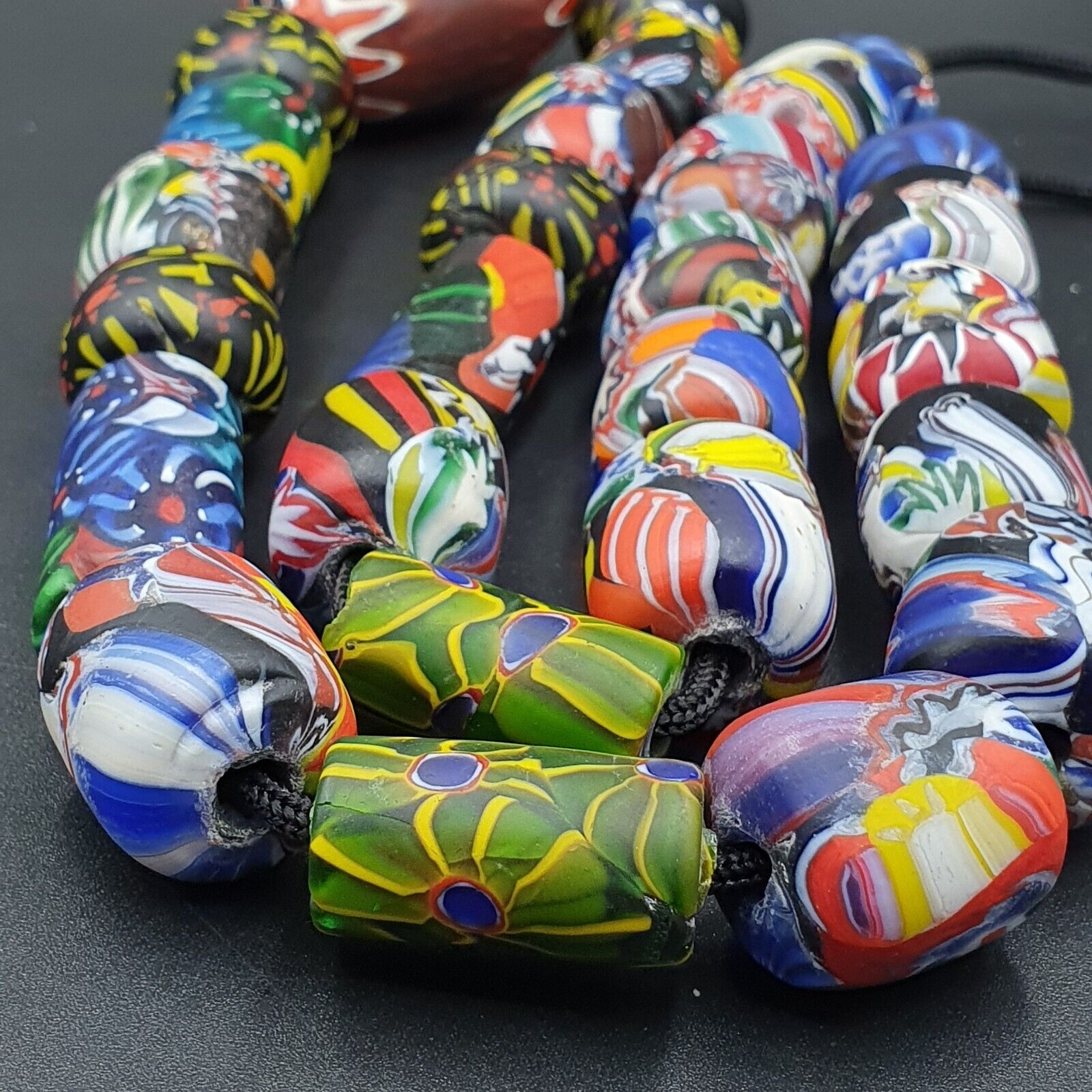 Vintage African Asian mosaic Glass Chevron Beads Long Strand necklace 350 grams