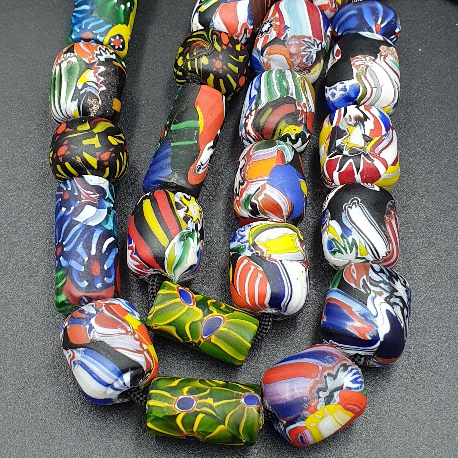 Vintage African Asian mosaic Glass Chevron Beads Long Strand necklace 350 grams