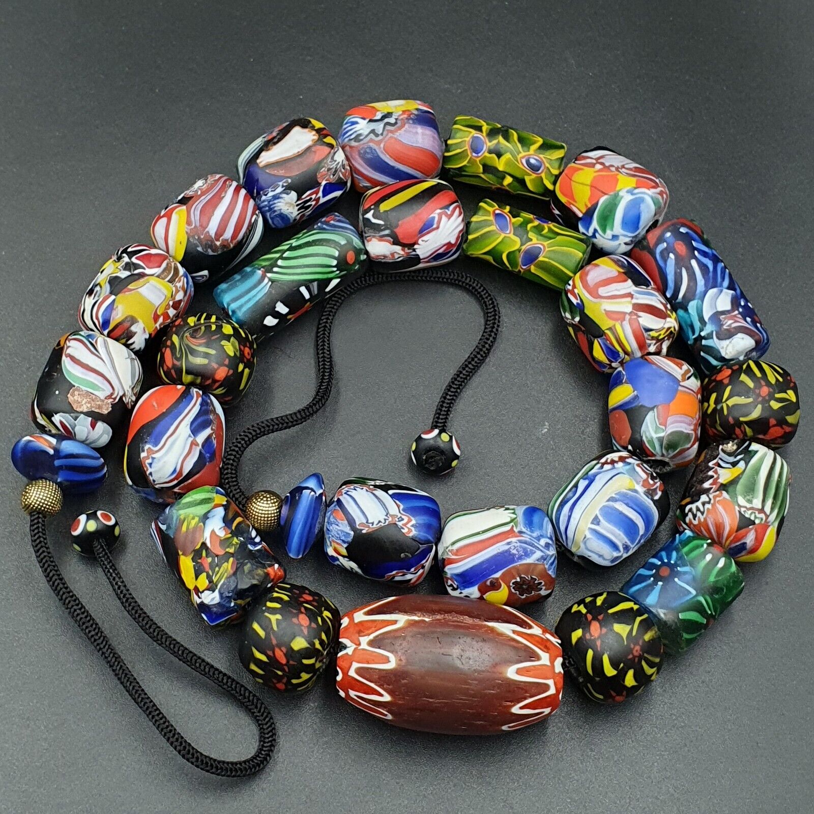Vintage African Asian mosaic Glass Chevron Beads Long Strand necklace 350 grams