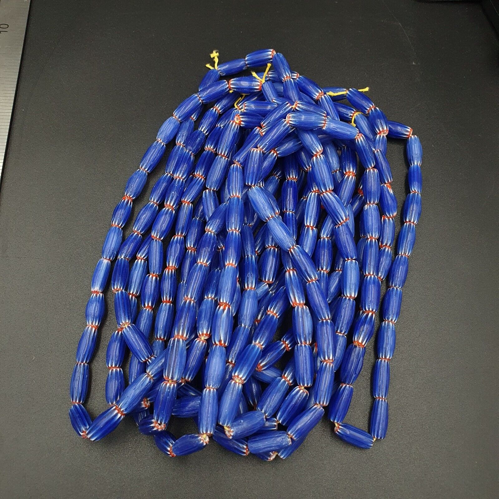 Vintage BLUE Chevron Beads Venetian African Style 13mmx6.mm Beads Long Strand