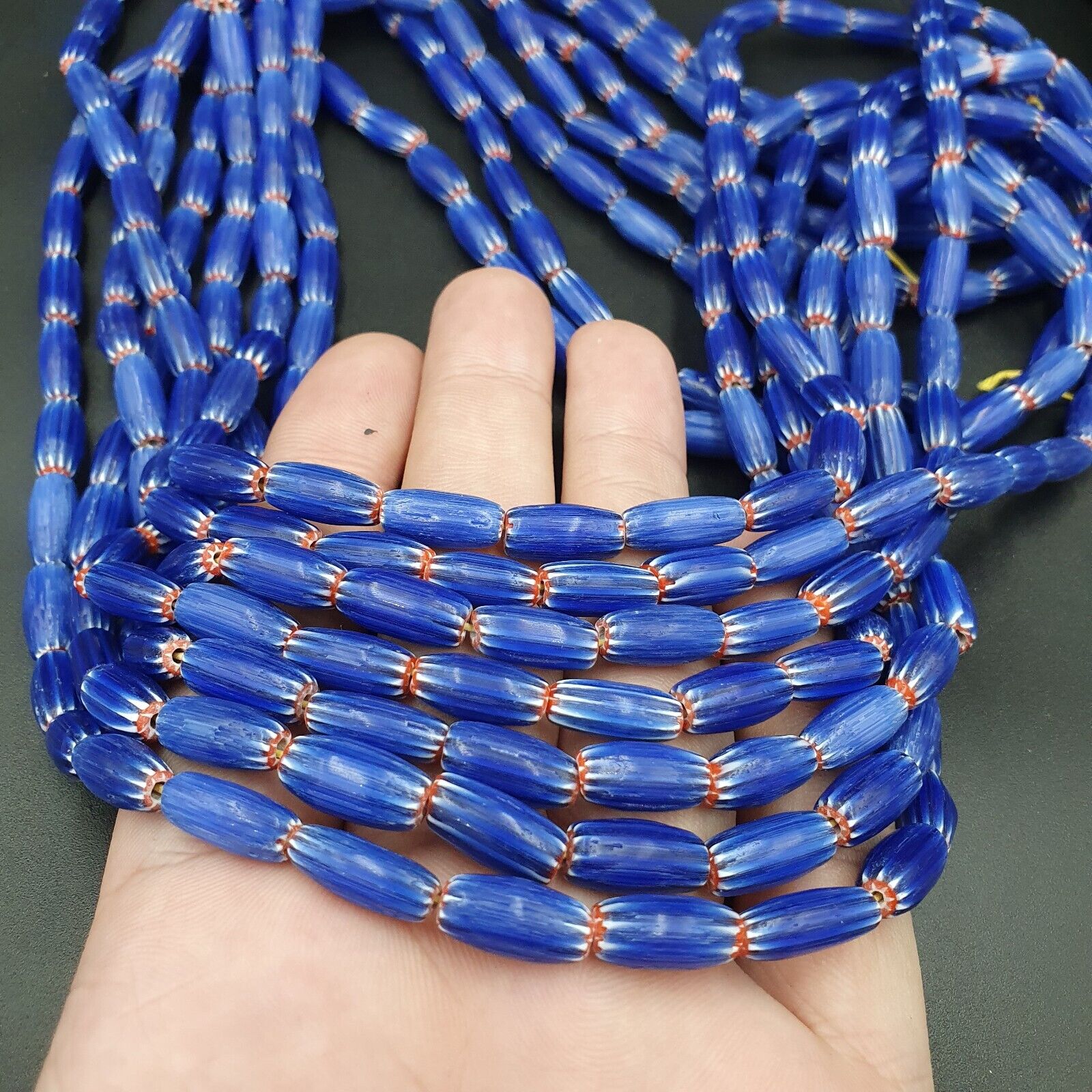 Vintage BLUE Chevron Beads Venetian African Style 13mmx6.mm Beads Long Strand