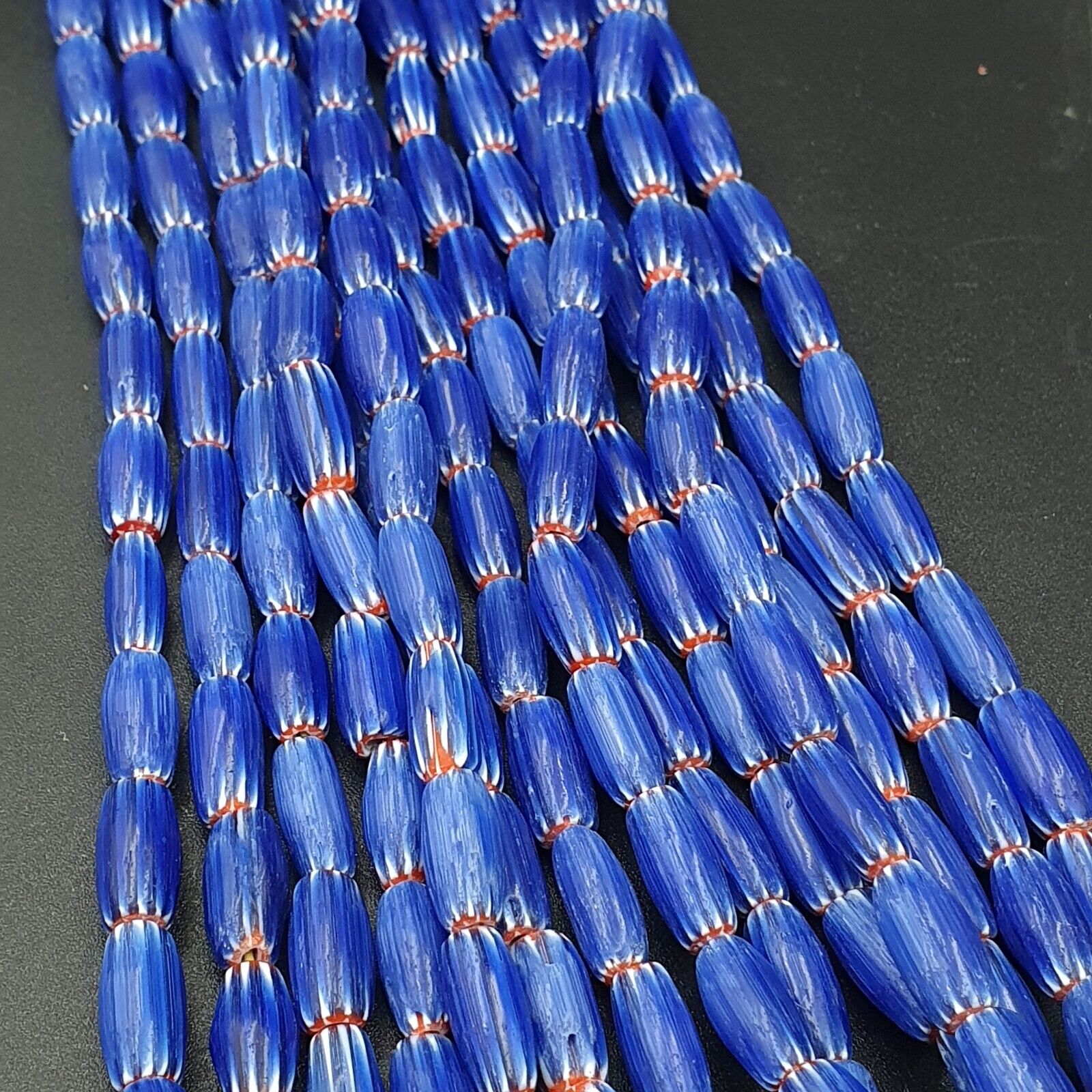 Vintage BLUE Chevron Beads Venetian African Style 13mmx6.mm Beads Long Strand