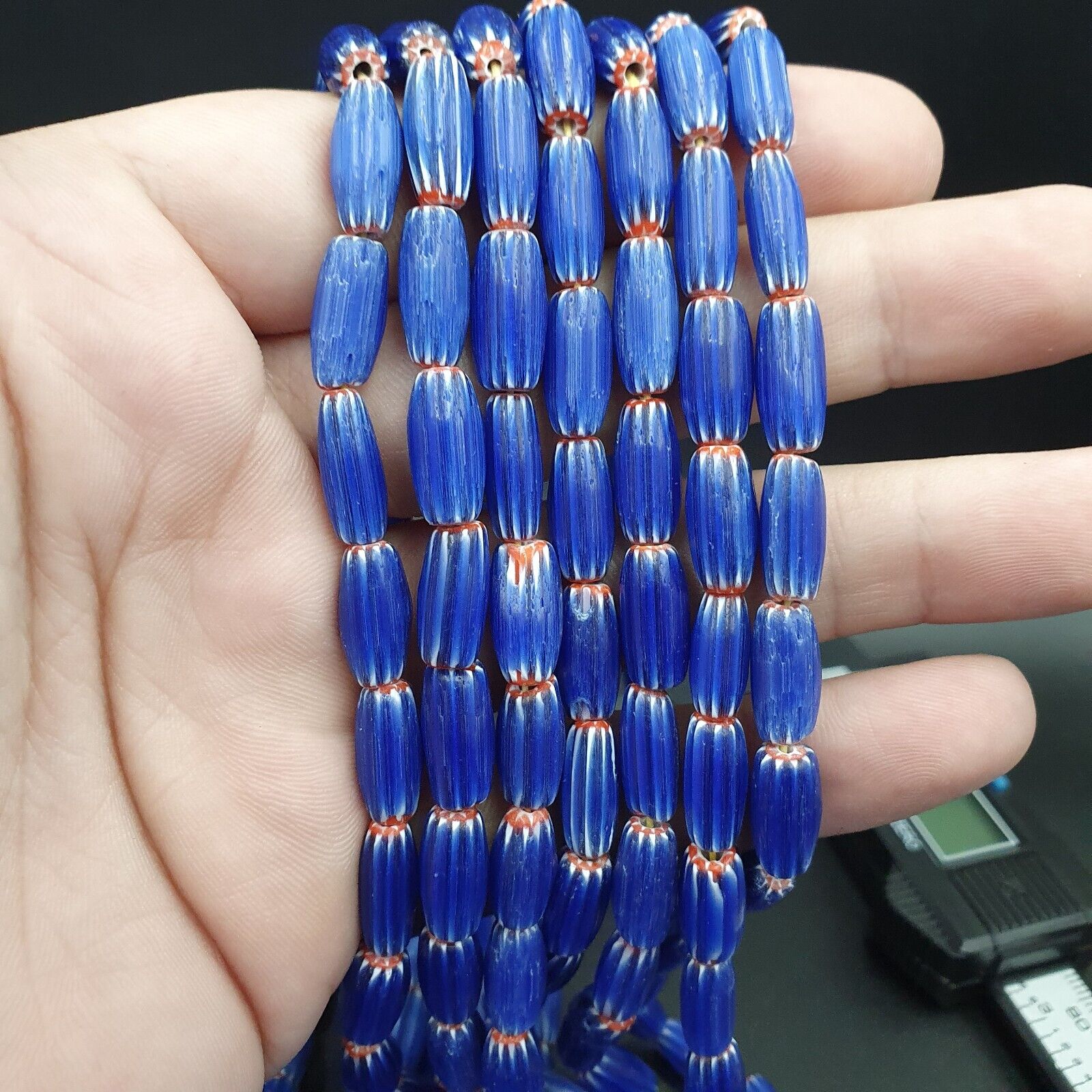 Vintage BLUE Chevron Beads Venetian African Style 13mmx6.mm Beads Long Strand