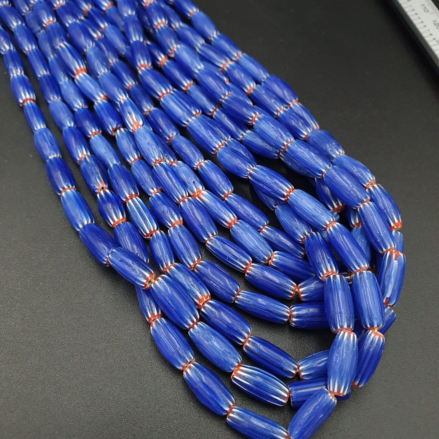 3 lange Stränge Vintage BLAU Chevron Perlen im venezianischen afrikanischen Stil 13mmx6mm Perlen