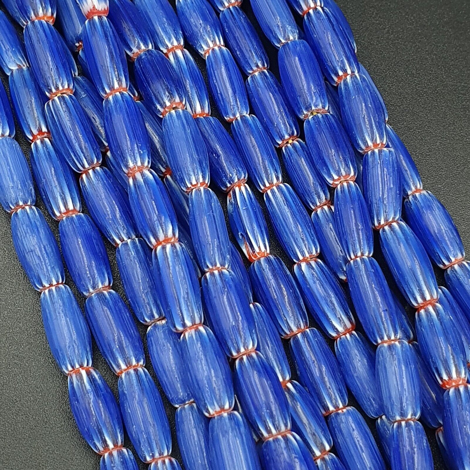 3 Long Strands Vintage BLUE Chevron Beads Venetian African Style 13mmx6mm Beads