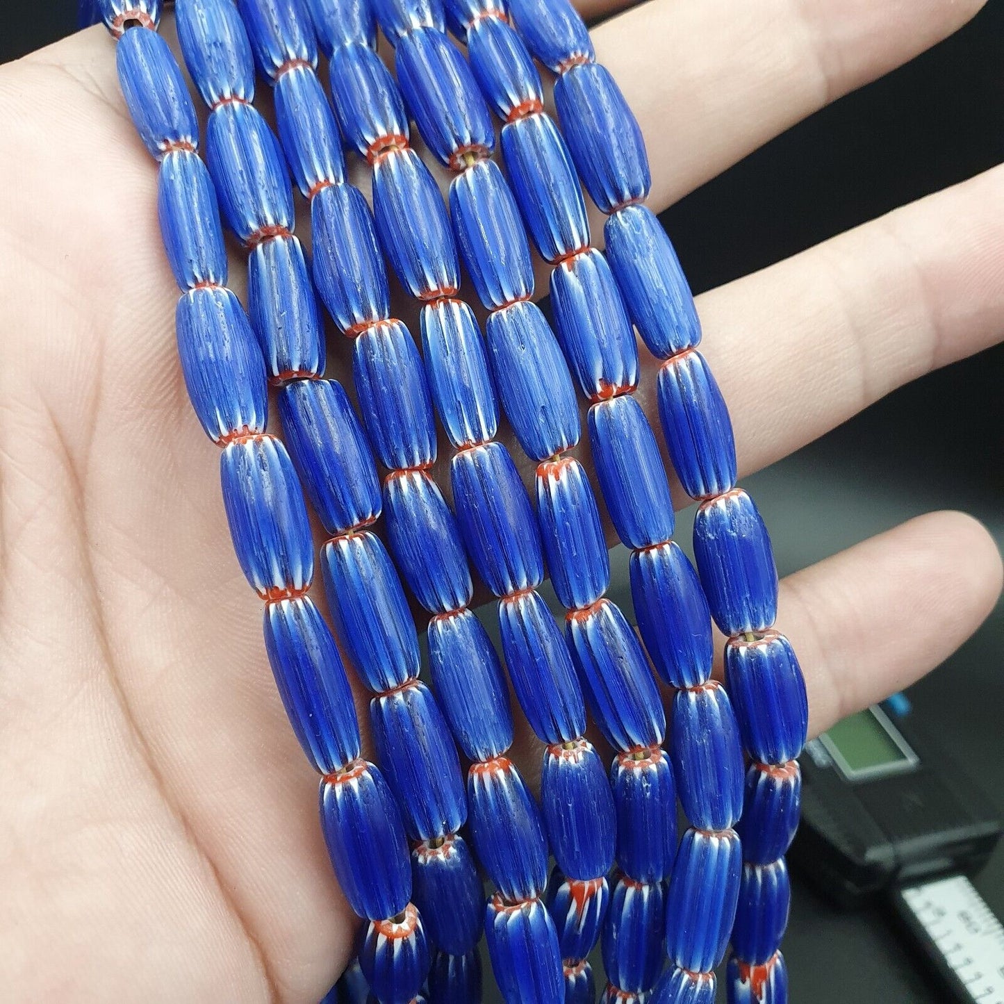 3 lange Stränge Vintage BLAU Chevron Perlen im venezianischen afrikanischen Stil 13mmx6mm Perlen