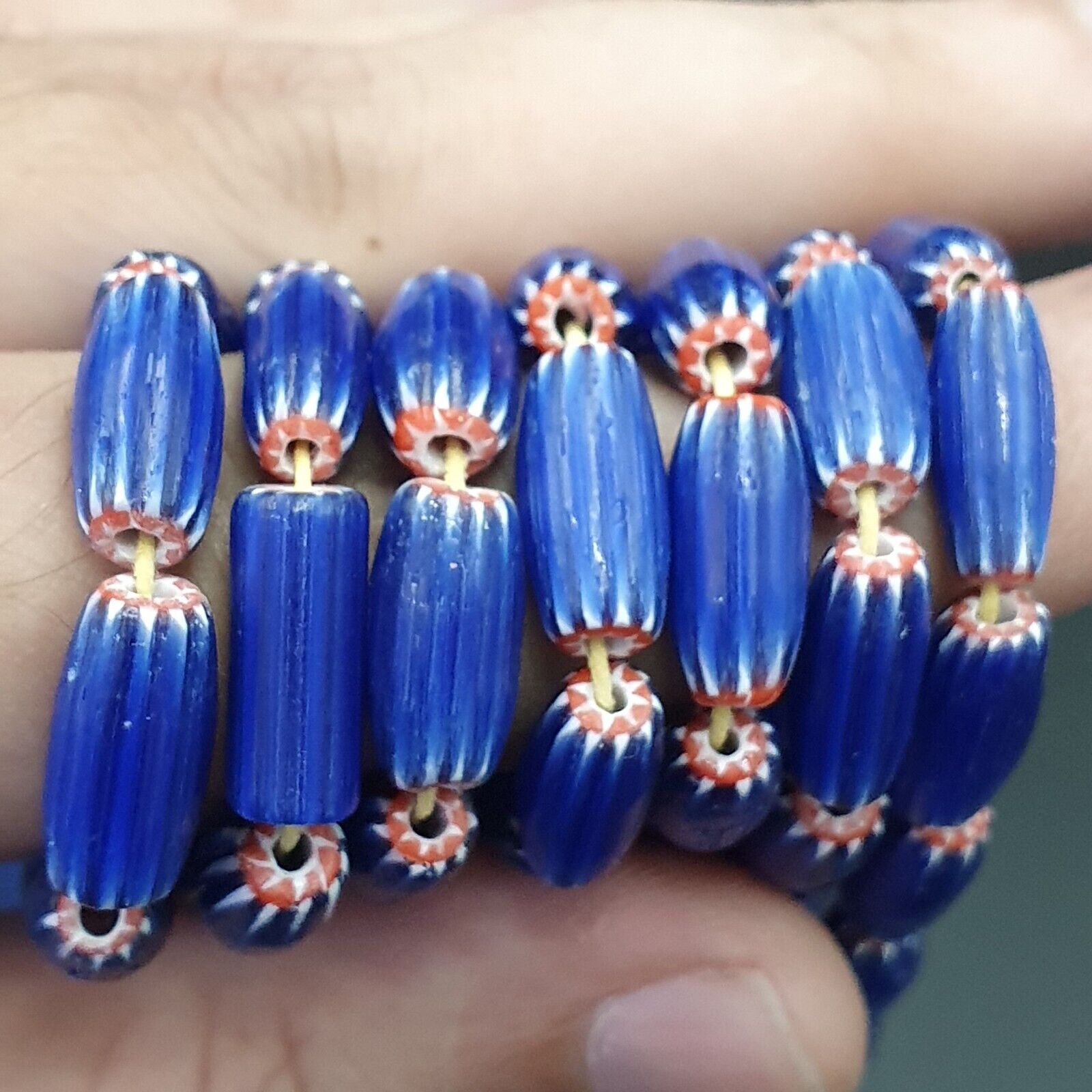 3 Long Strands Vintage BLUE Chevron Beads Venetian African Style 13mmx6mm Beads