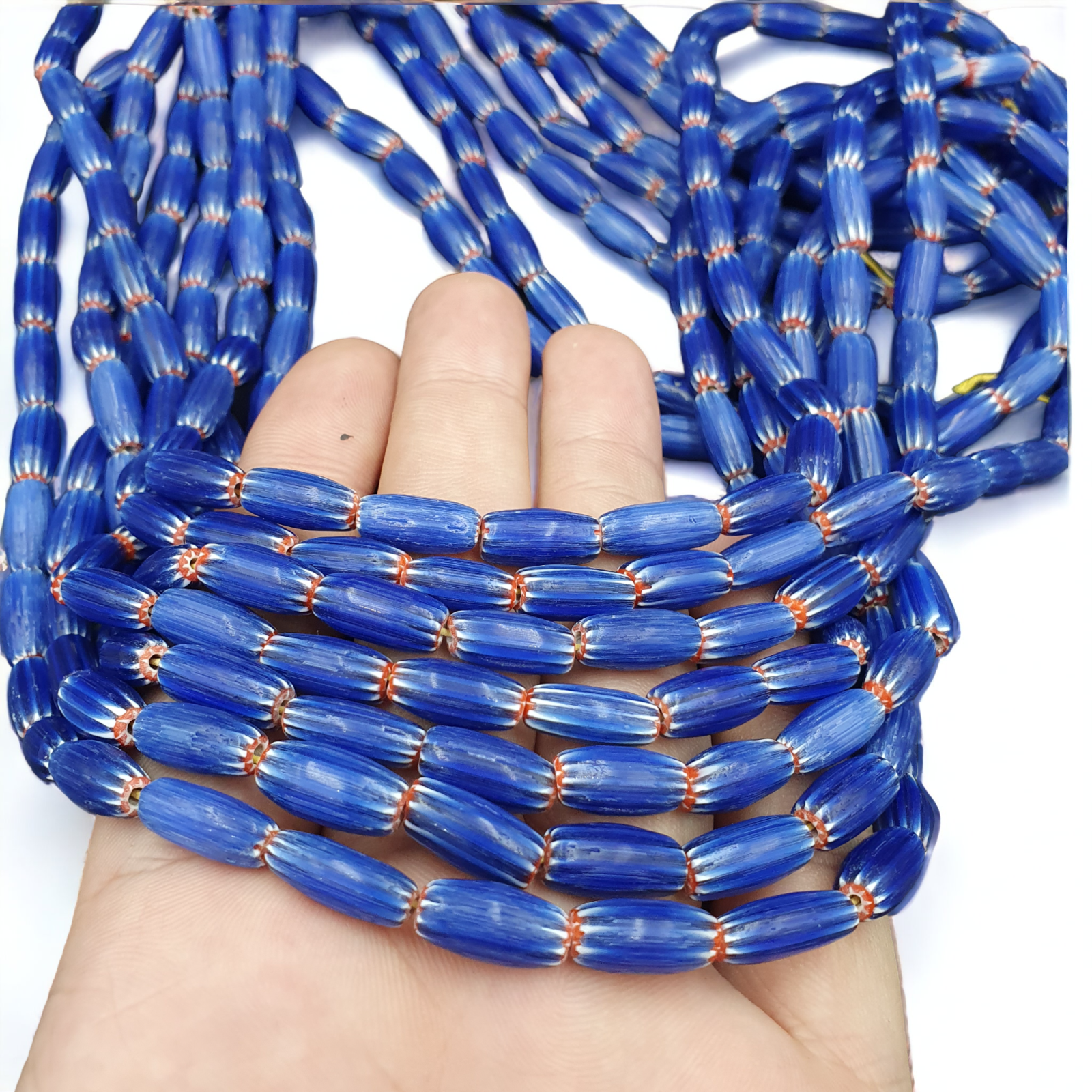 3 Long Strands Vintage BLUE Chevron Beads Venetian African Style 13mmx6mm Beads