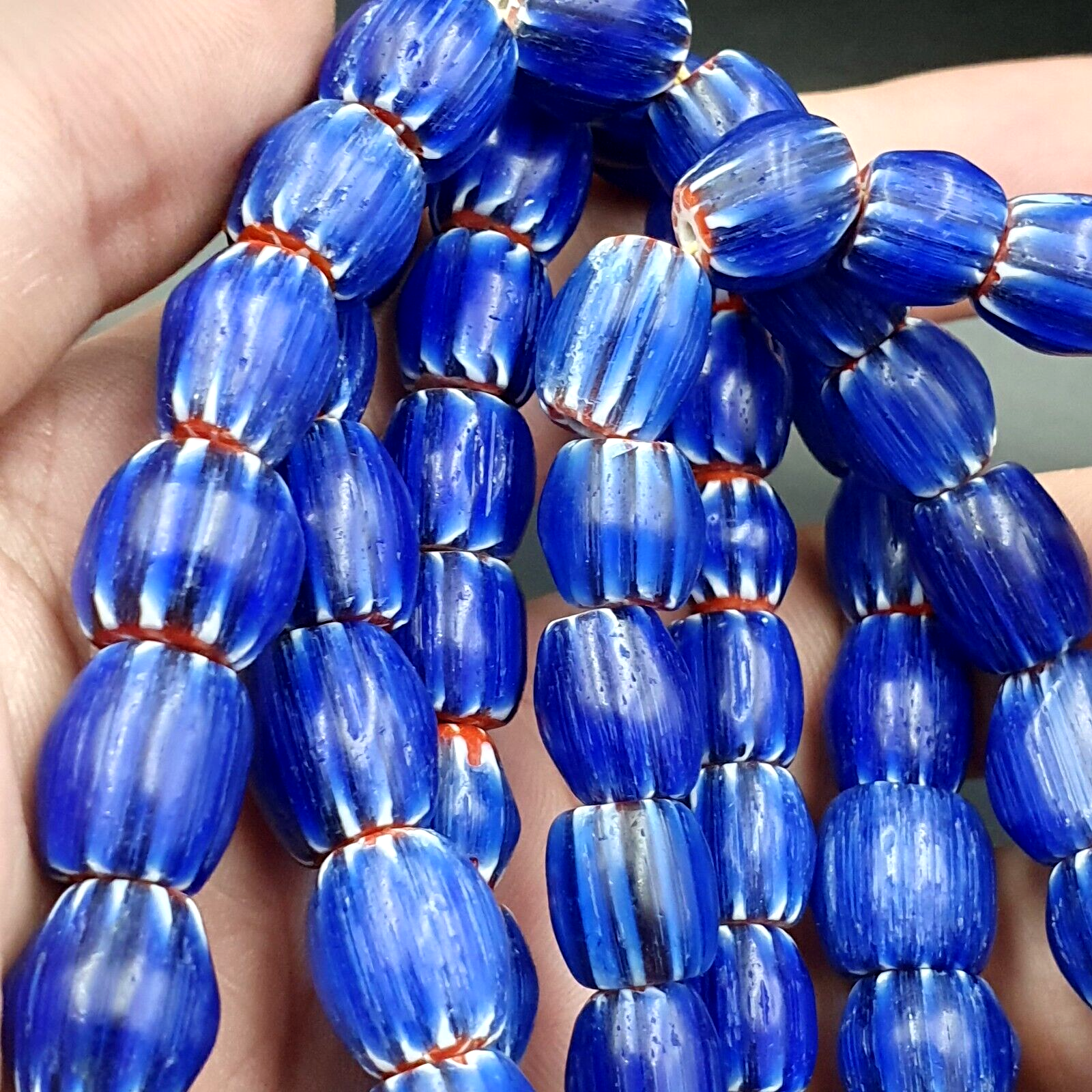 Vintage BLUE Chevron Beads Venetian Inspired 10mmx9.5mm Beads Long Strand