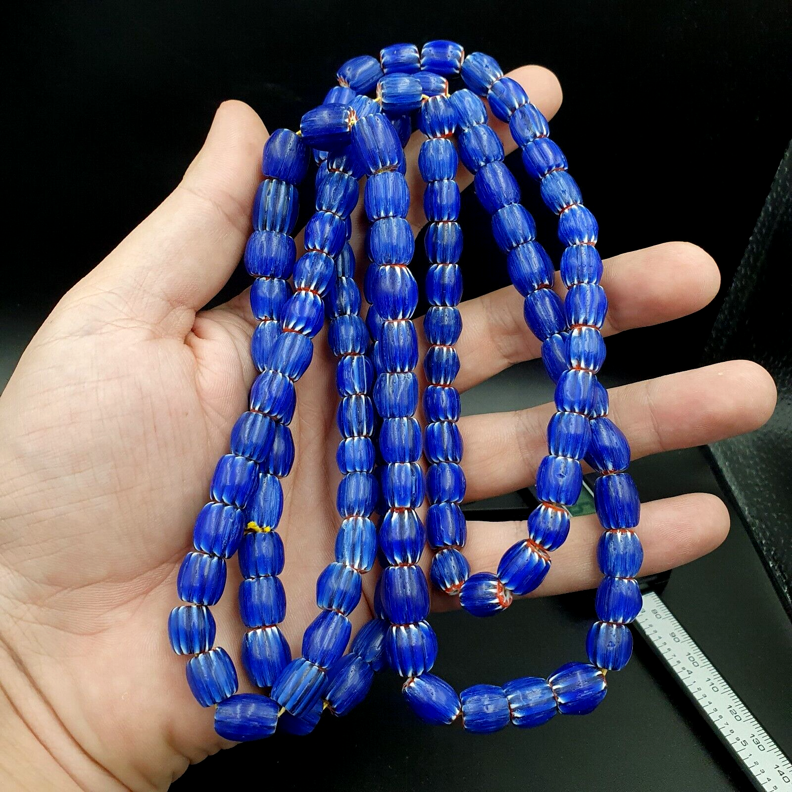 Vintage BLUE Chevron Beads Venetian Inspired 10mmx9.5mm Beads Long Strand