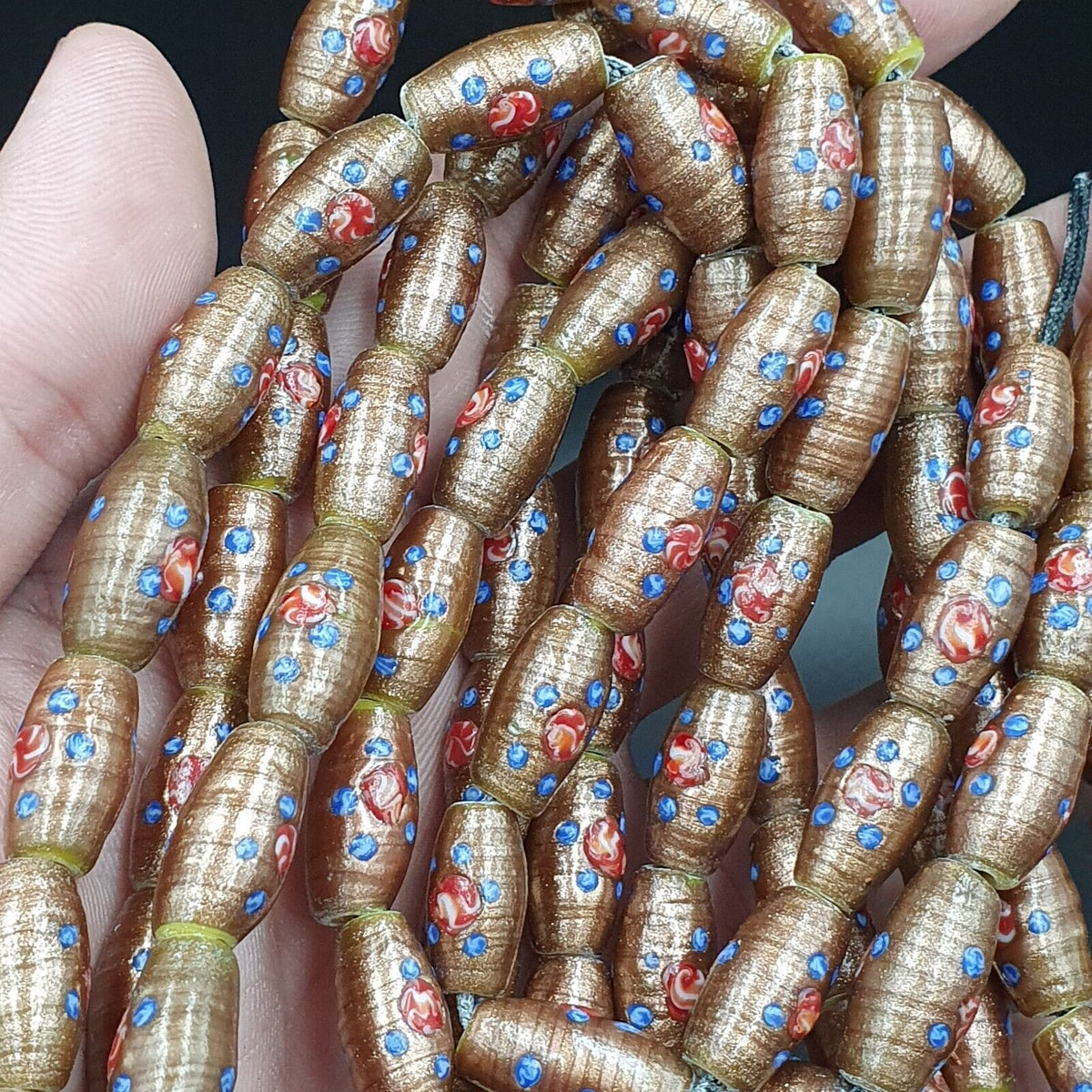Vintage Aventurine Millefiori Fancy Feather Glass Beads 17x9.5mm 25" Necklace