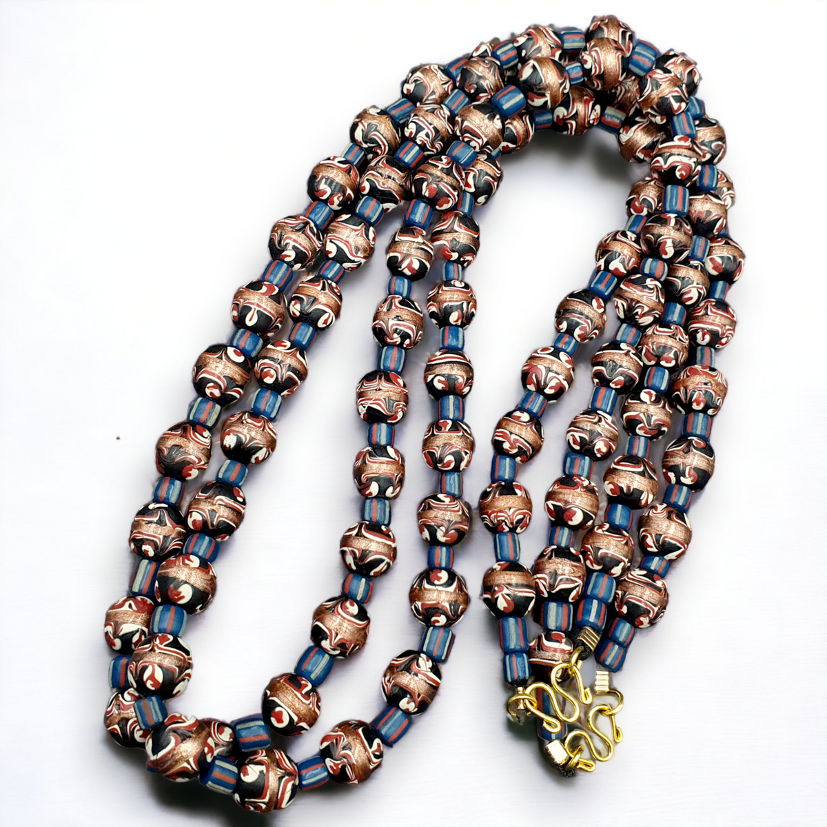 Vintage Aventurine Millefiori Black Fancy Feather Glass Beads 10mm 24" Necklace