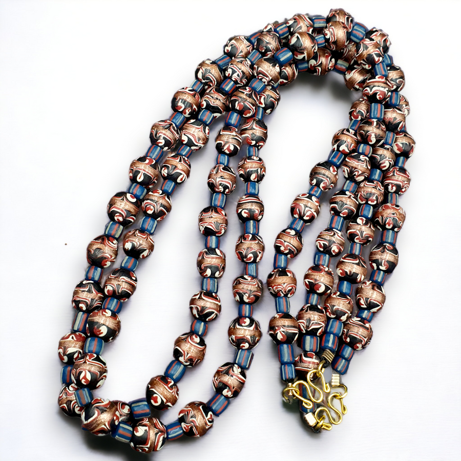 East Oasis Vintage Aventurine Millefiori Black Feather Glass Bead Necklace 10mm 24 Inch