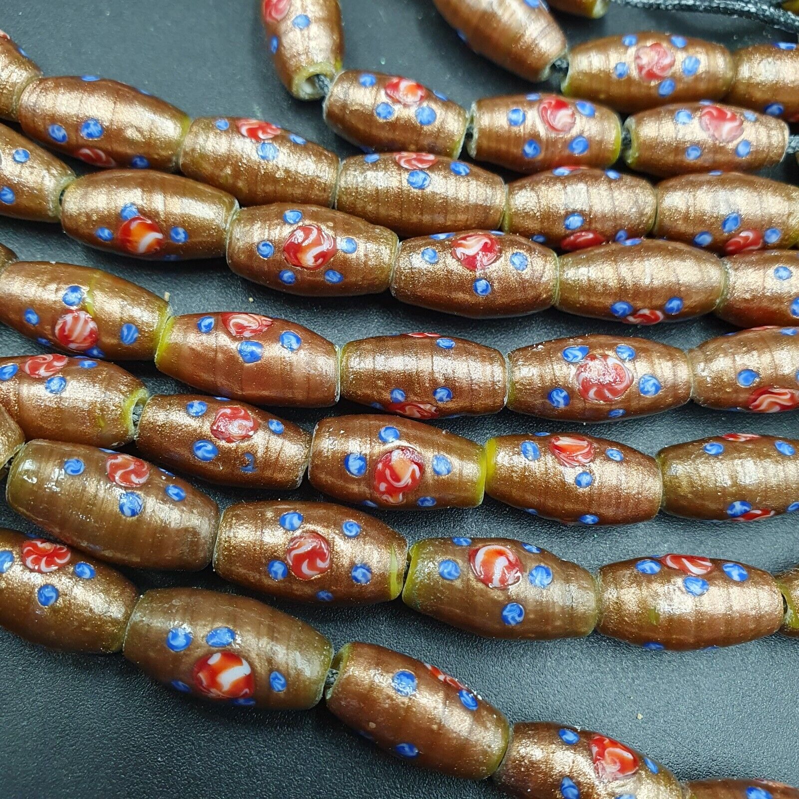 Vintage Aventurine Millefiori Fancy Feather glass beads 17x9.5mm 25" Necklace