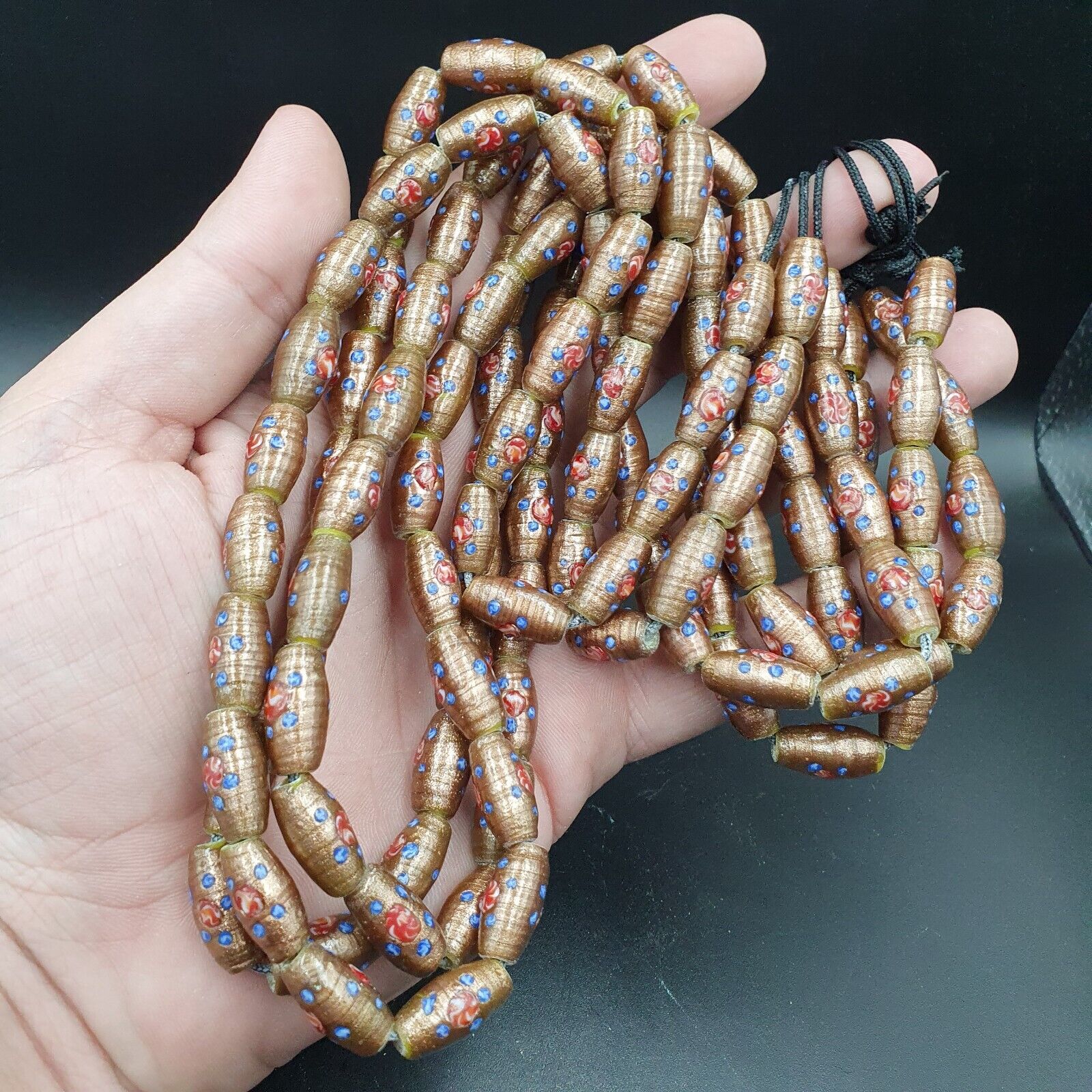 Vintage Aventurine Millefiori Fancy Feather glass beads 17x9.5mm 25" Necklace