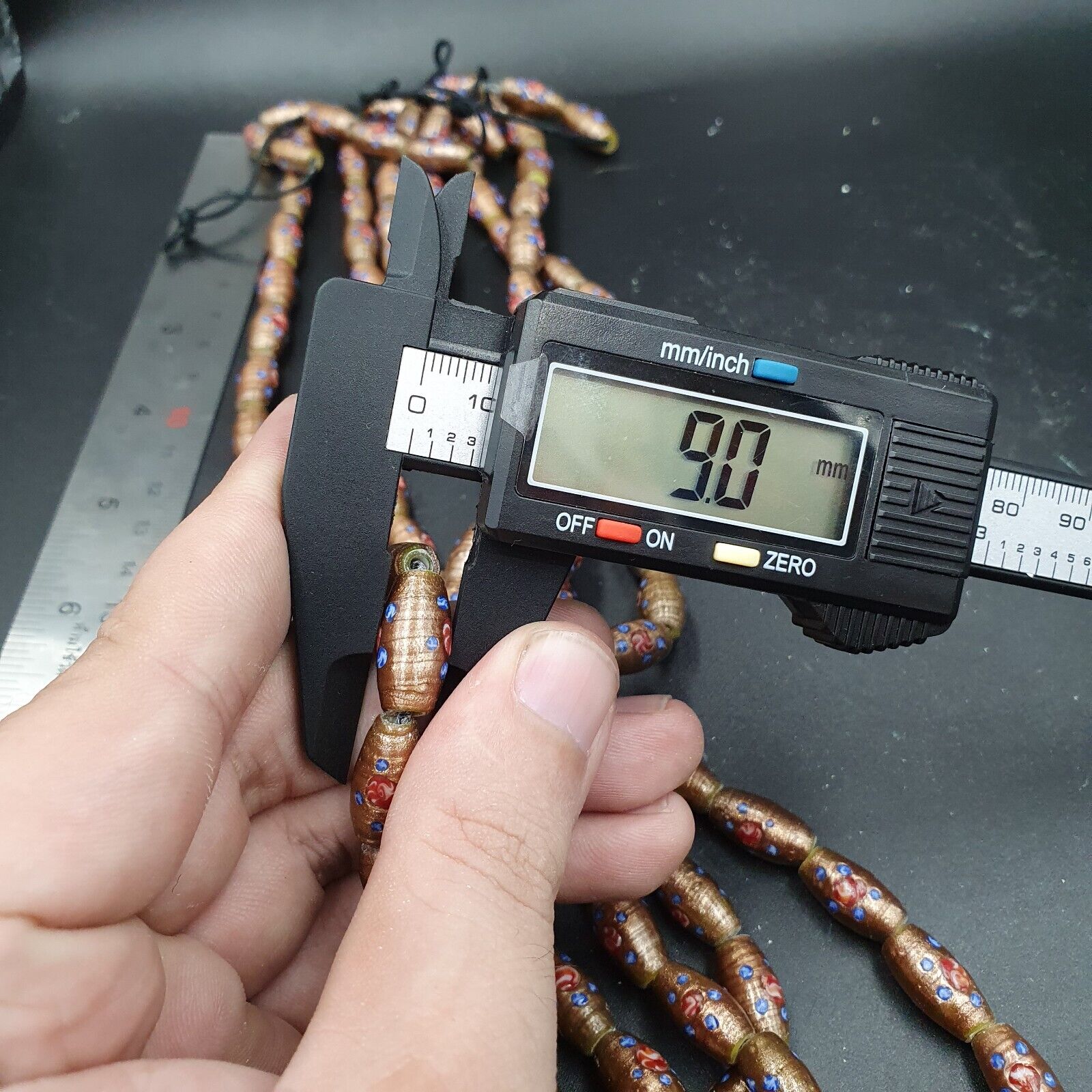 Vintage Aventurine Millefiori Fancy Feather glass beads 17x9.5mm 25" Necklace