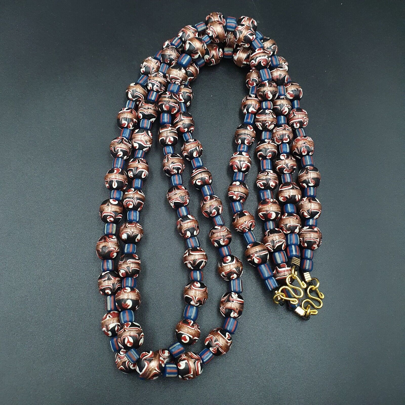 Vintage Aventurine Millefiori Black Fancy Feather glass beads 10mm 24" Necklace