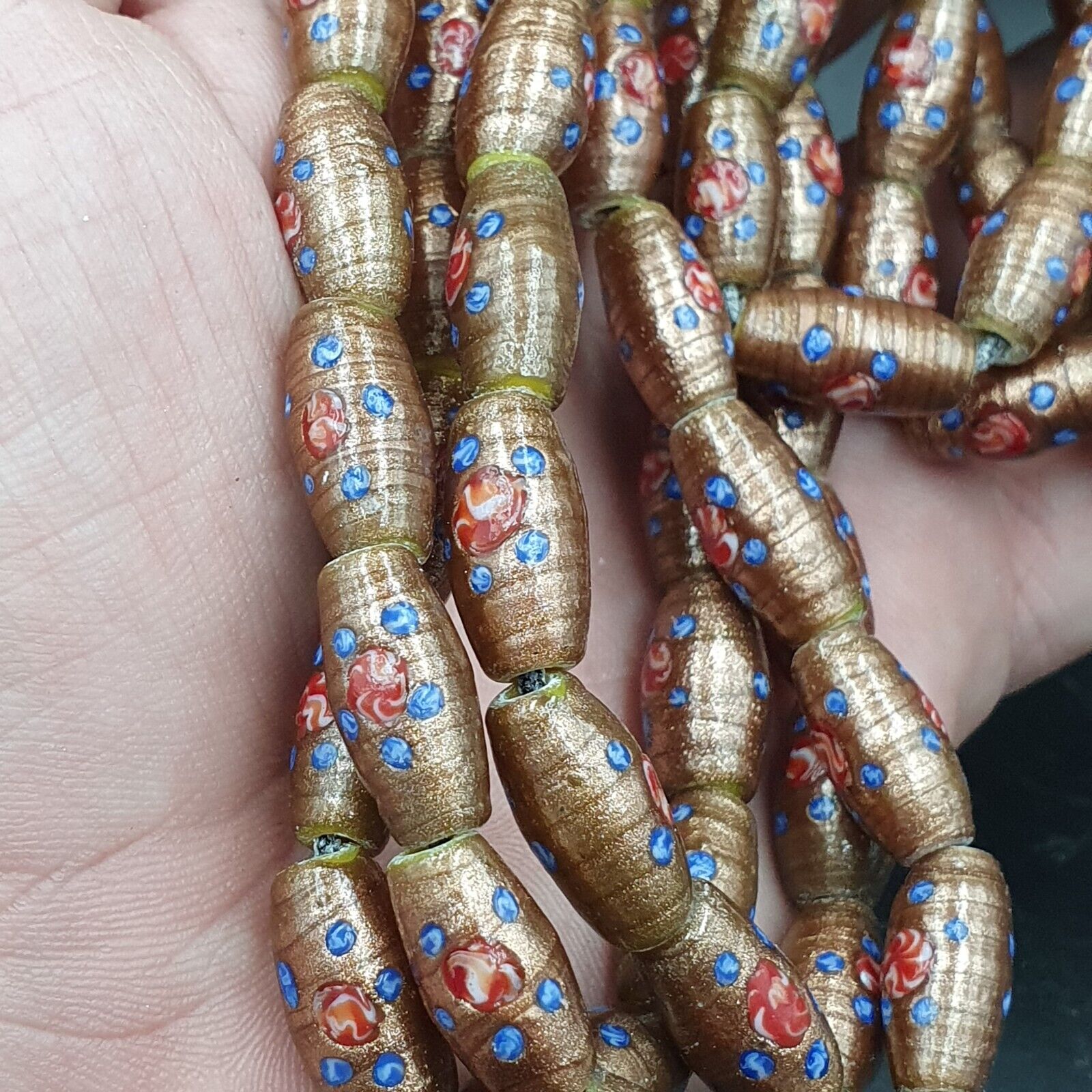 Vintage Aventurine Millefiori Fancy Feather glass beads 17x9.5mm 25" Necklace