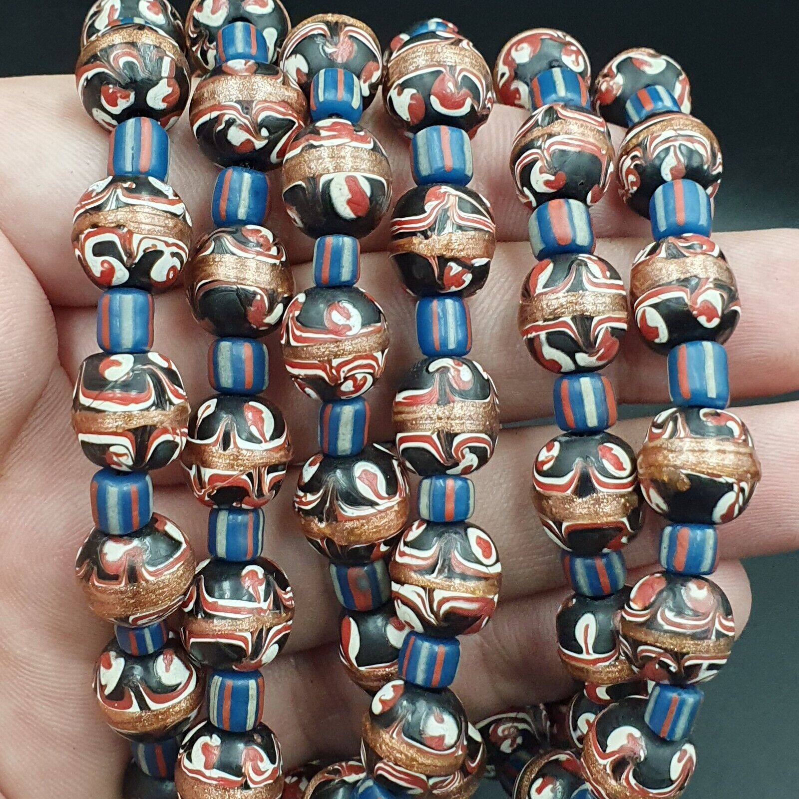 Vintage Aventurine Millefiori Black Fancy Feather glass beads 10mm 24" Necklace