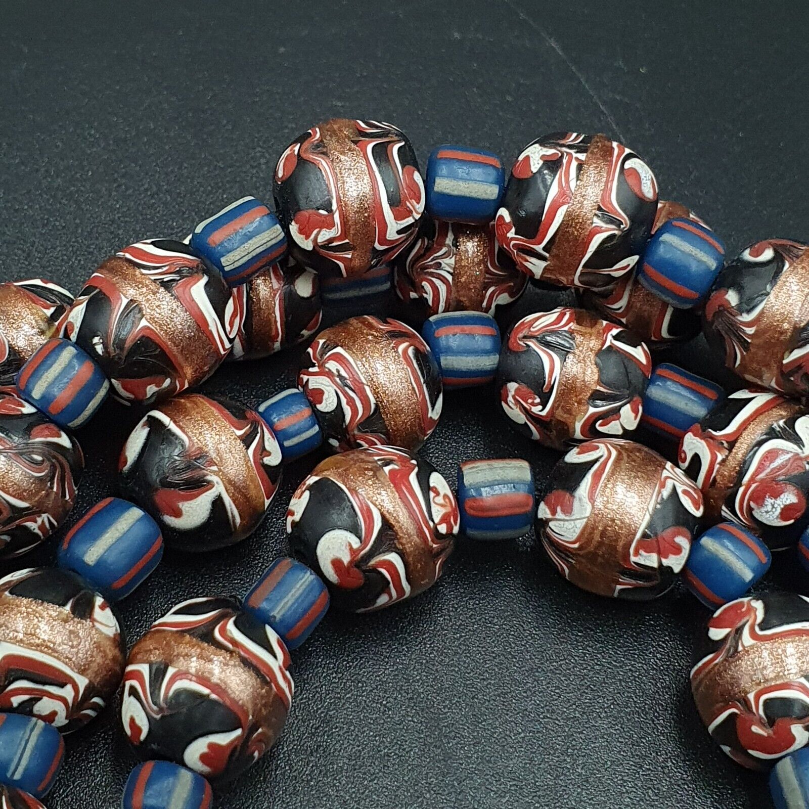 Vintage Aventurine Millefiori Black Fancy Feather glass beads 10mm 24" Necklace