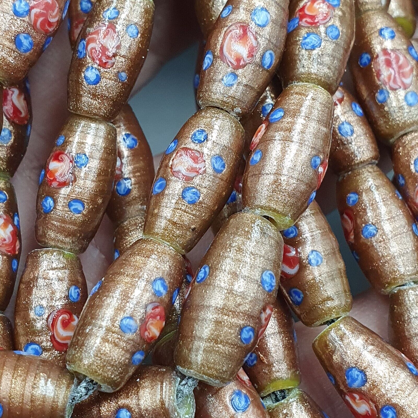 Vintage Aventurine Millefiori Fancy Feather glass beads 17x9.5mm 25" Necklace