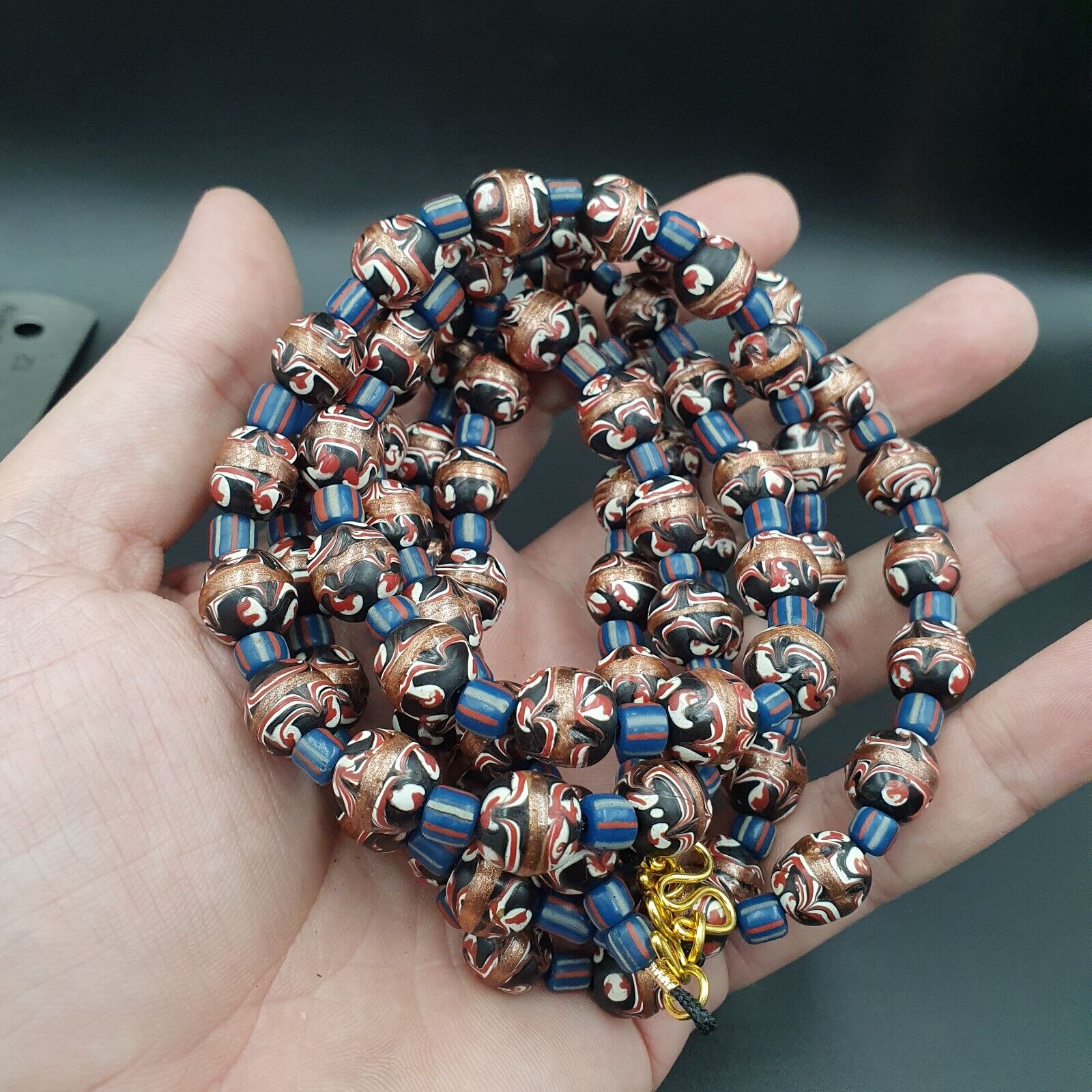 Vintage Aventurine Millefiori Black Fancy Feather glass beads 10mm 24" Necklace