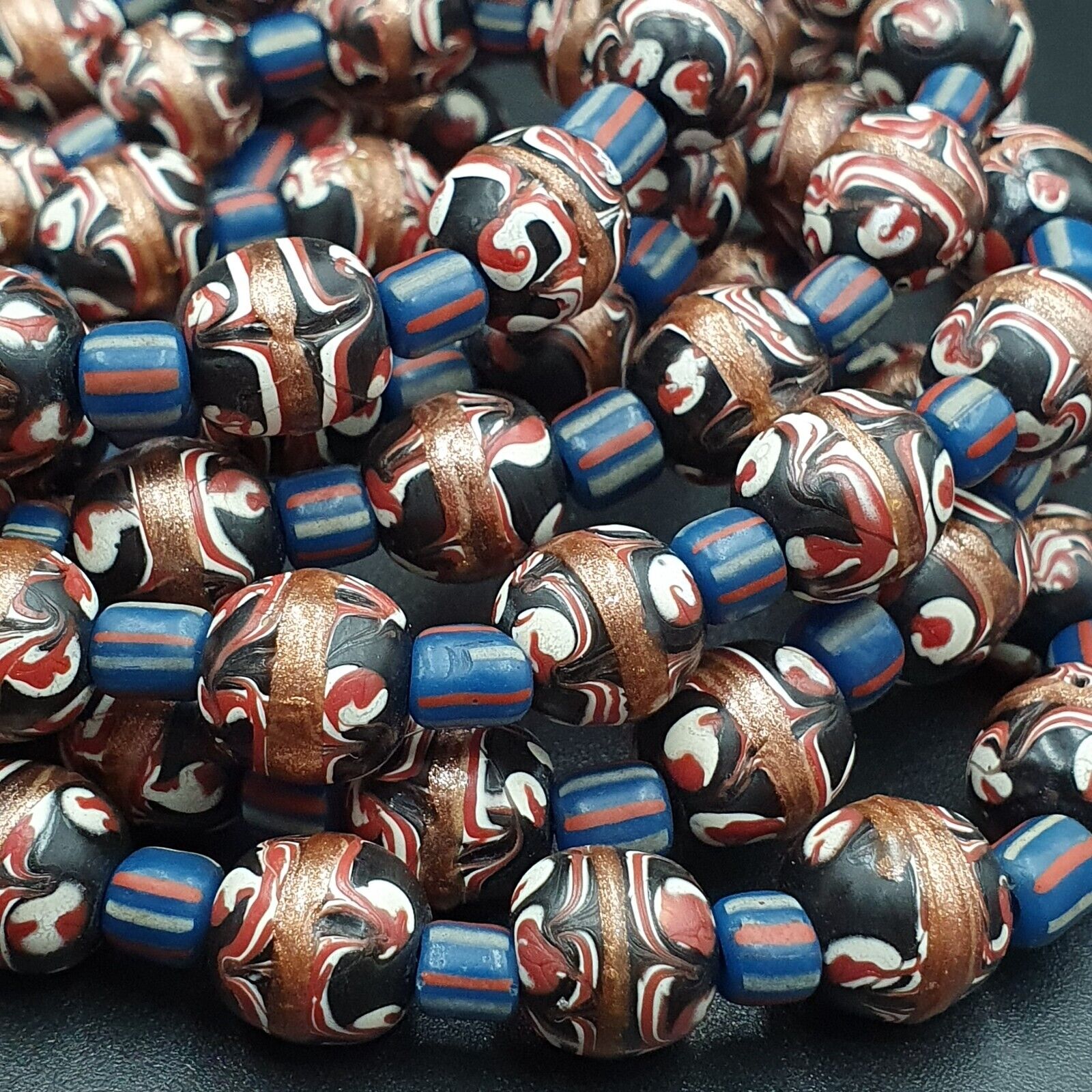 Vintage Aventurine Millefiori Black Fancy Feather glass beads 10mm 24" Necklace