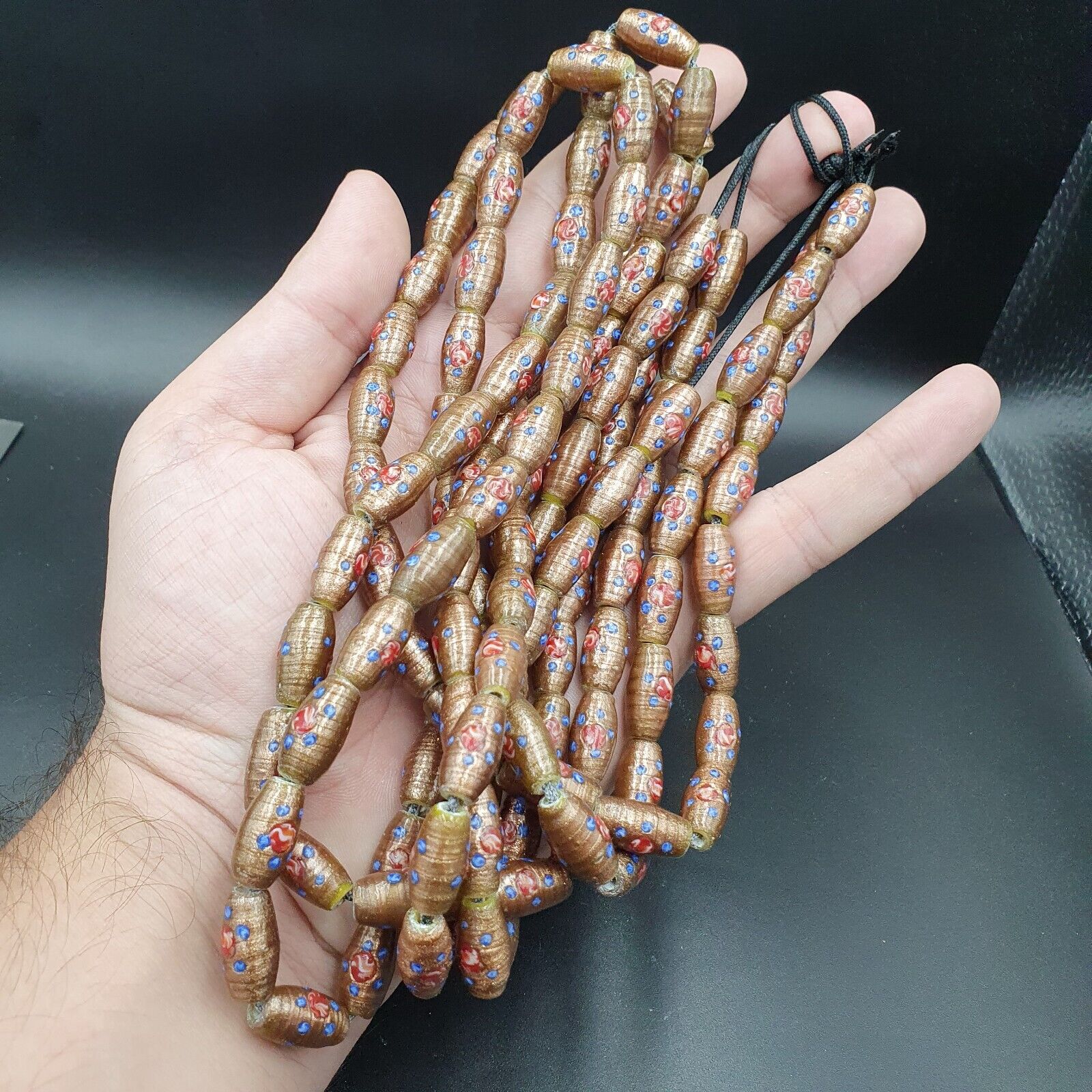 Vintage Aventurine Millefiori Fancy Feather glass beads 17x9.5mm 25" Necklace