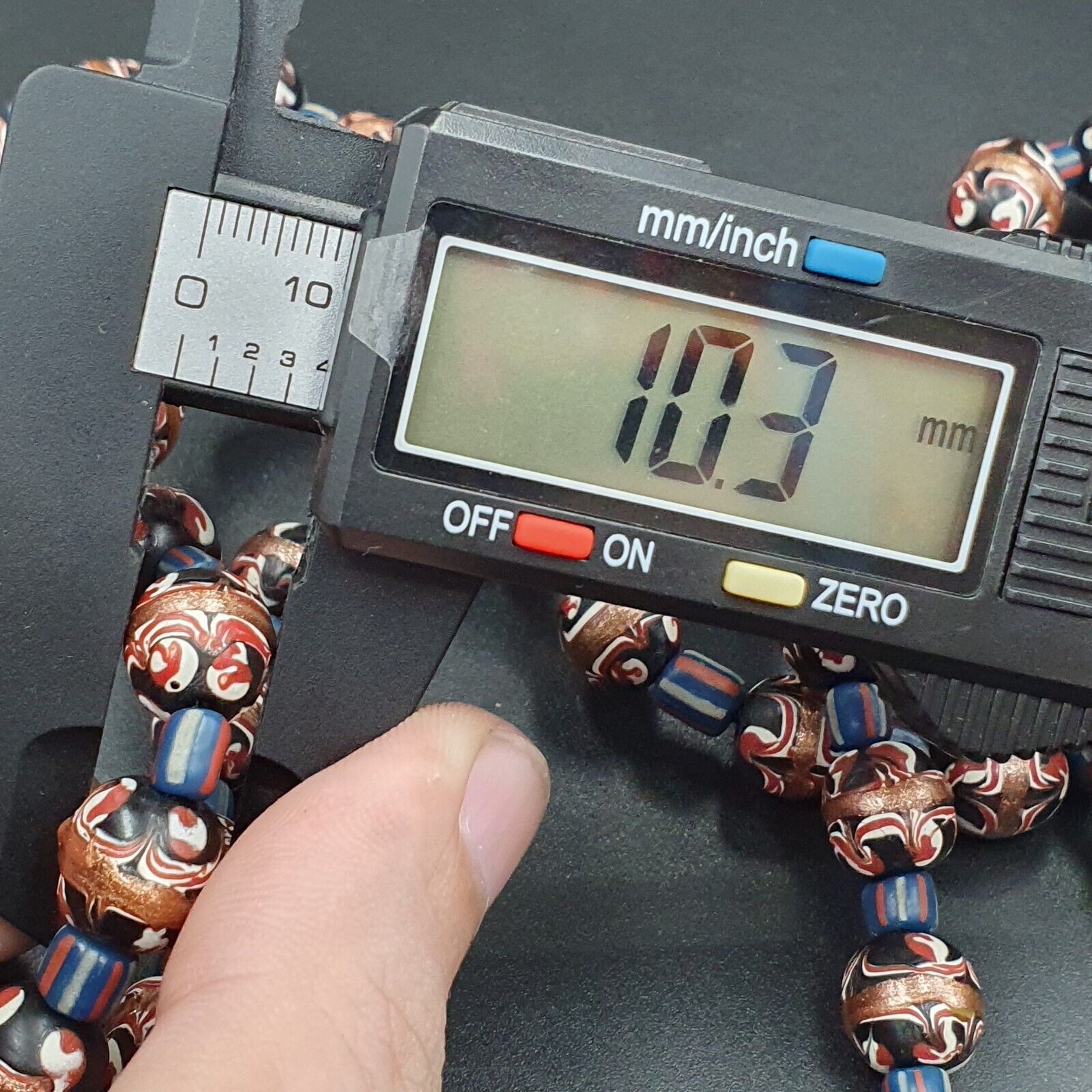 Vintage Aventurine Millefiori Black Fancy Feather glass beads 10mm 24" Necklace