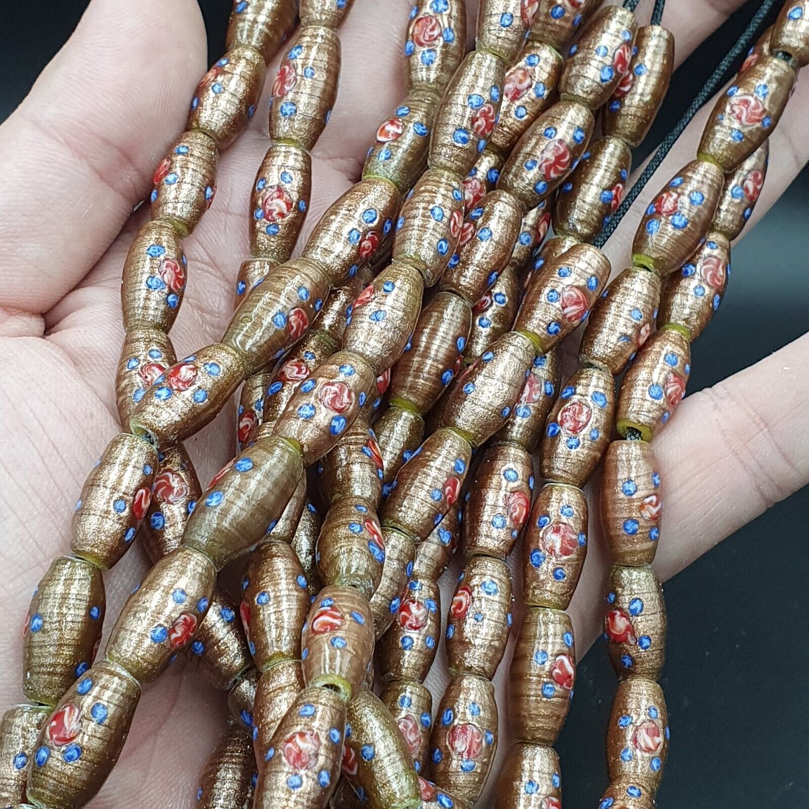 Vintage Aventurine Millefiori Fancy Feather glass beads 17x9.5mm 25" Necklace