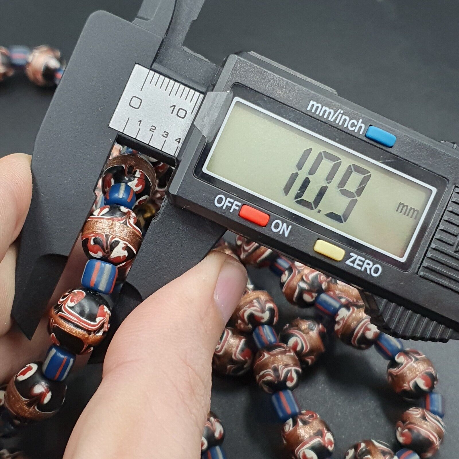 Vintage Aventurine Millefiori Black Fancy Feather glass beads 10mm 24" Necklace