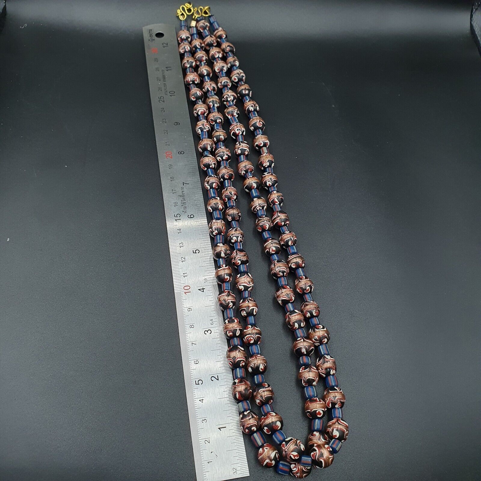 Vintage Aventurine Millefiori Black Fancy Feather glass beads 10mm 24" Necklace