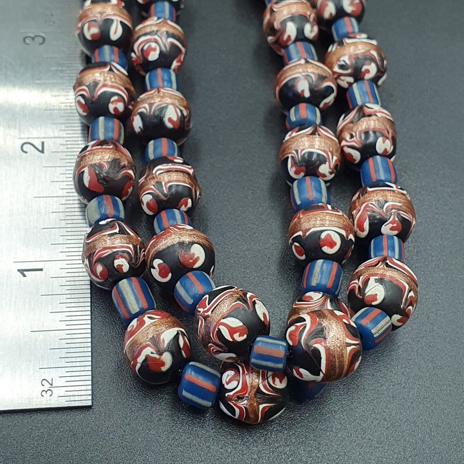 Vintage Aventurine Millefiori Black Fancy Feather glass beads 10mm 24" Necklace