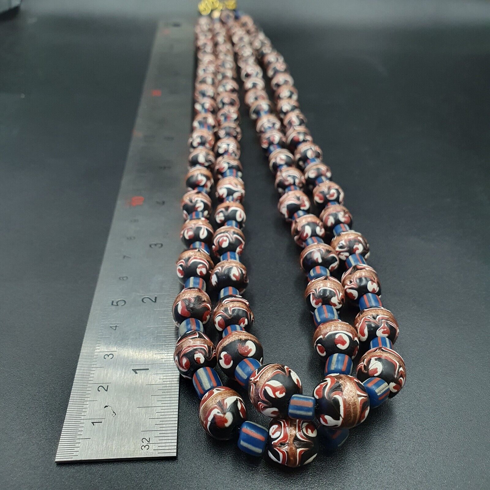 Vintage Aventurine Millefiori Black Fancy Feather glass beads 10mm 24" Necklace